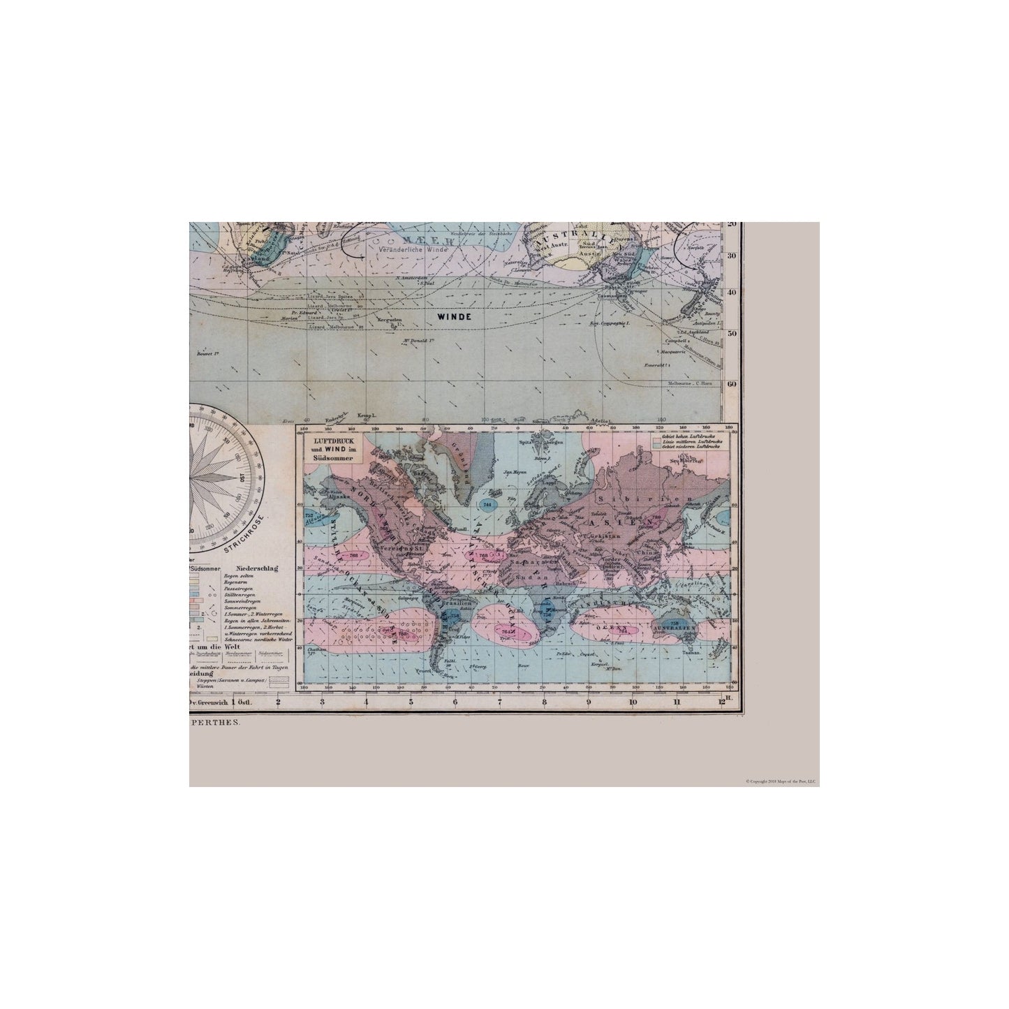 Historic Map - Wind Currents - Stieler 1885 - Vintage Wall Art