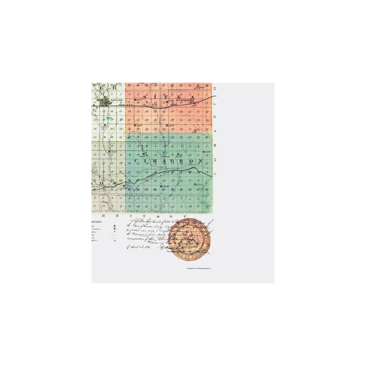 Historic County Map - Clark County Kansas - Everts 1887 - Vintage Wall Art