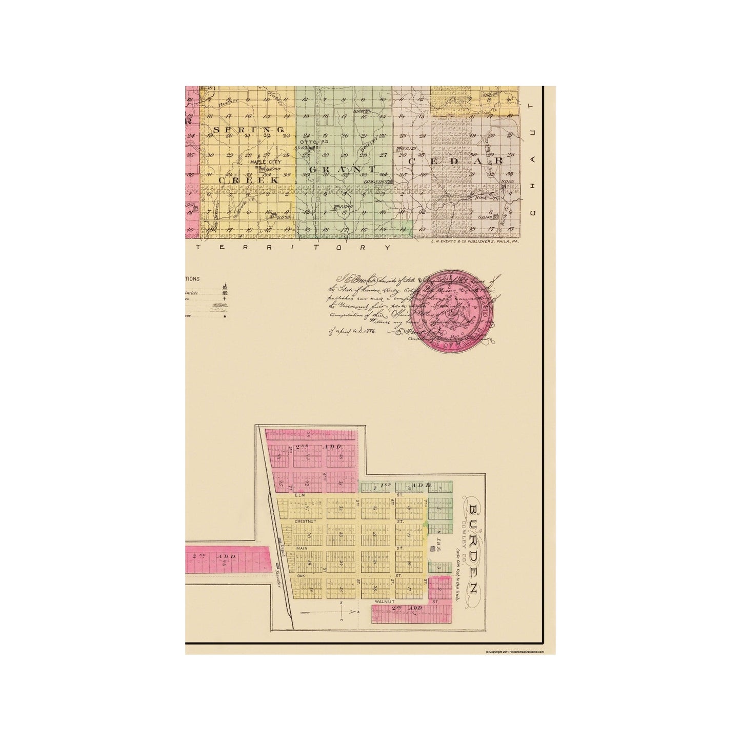 Historic County Map - Cowley County Kansas - Everts 1887 - 23 x 35.31 - Vintage Wall Art