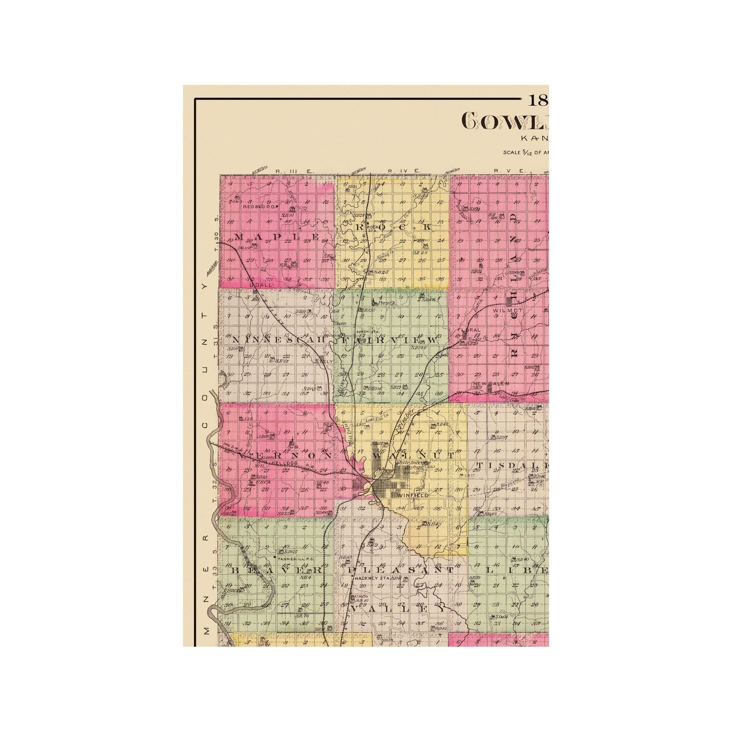Historic County Map - Cowley County Kansas - Everts 1887 - 23 x 35.31 - Vintage Wall Art