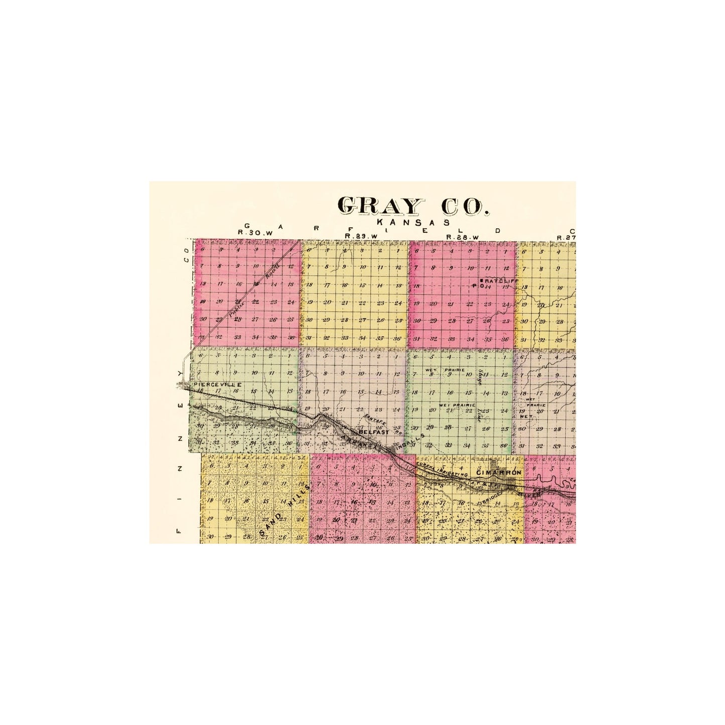 Historic County Map - Gray County Kansas - Everts 1887 - 23 x 27.07 - Vintage Wall Art