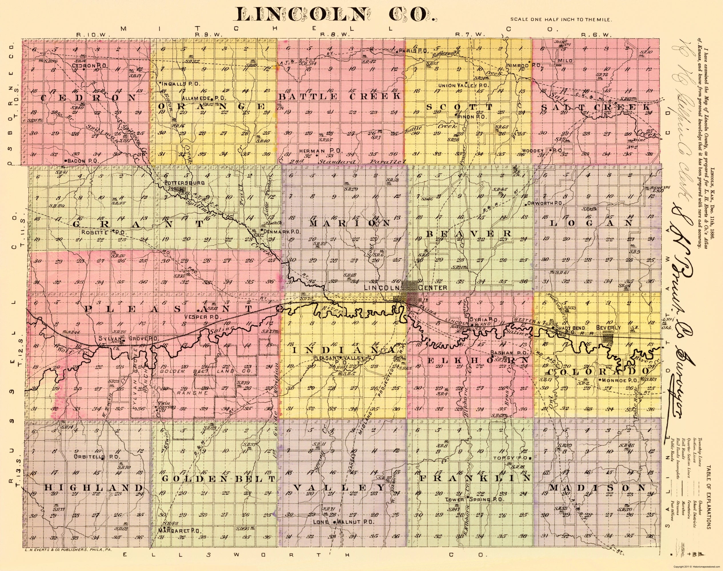 Historic County Map - Lincoln County Kansas - Everts 1887 - 23 X 29.10 ...