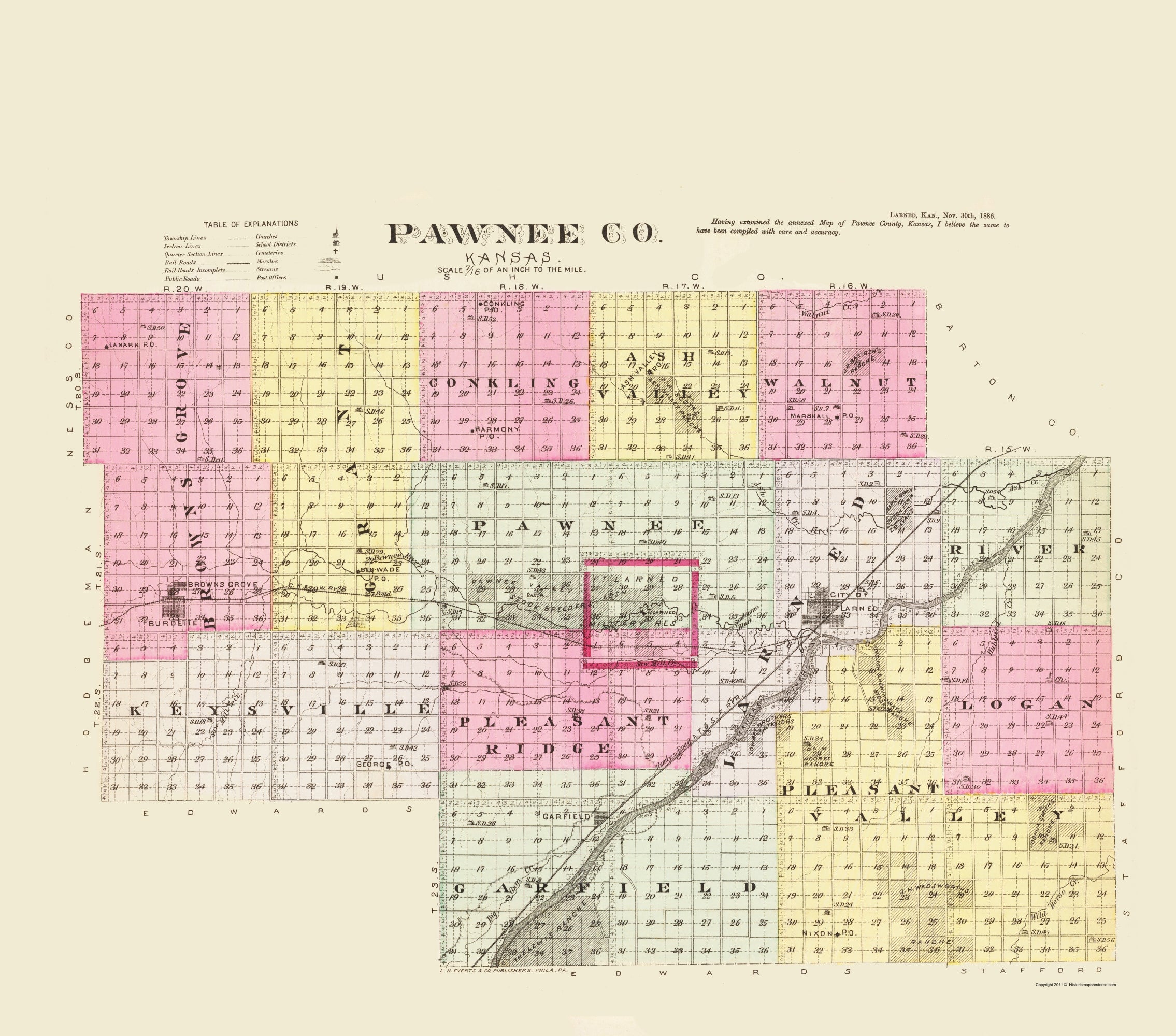 Historic County Map - Pawnee County Kansas - Everts 1887 - 23 X 26.10 