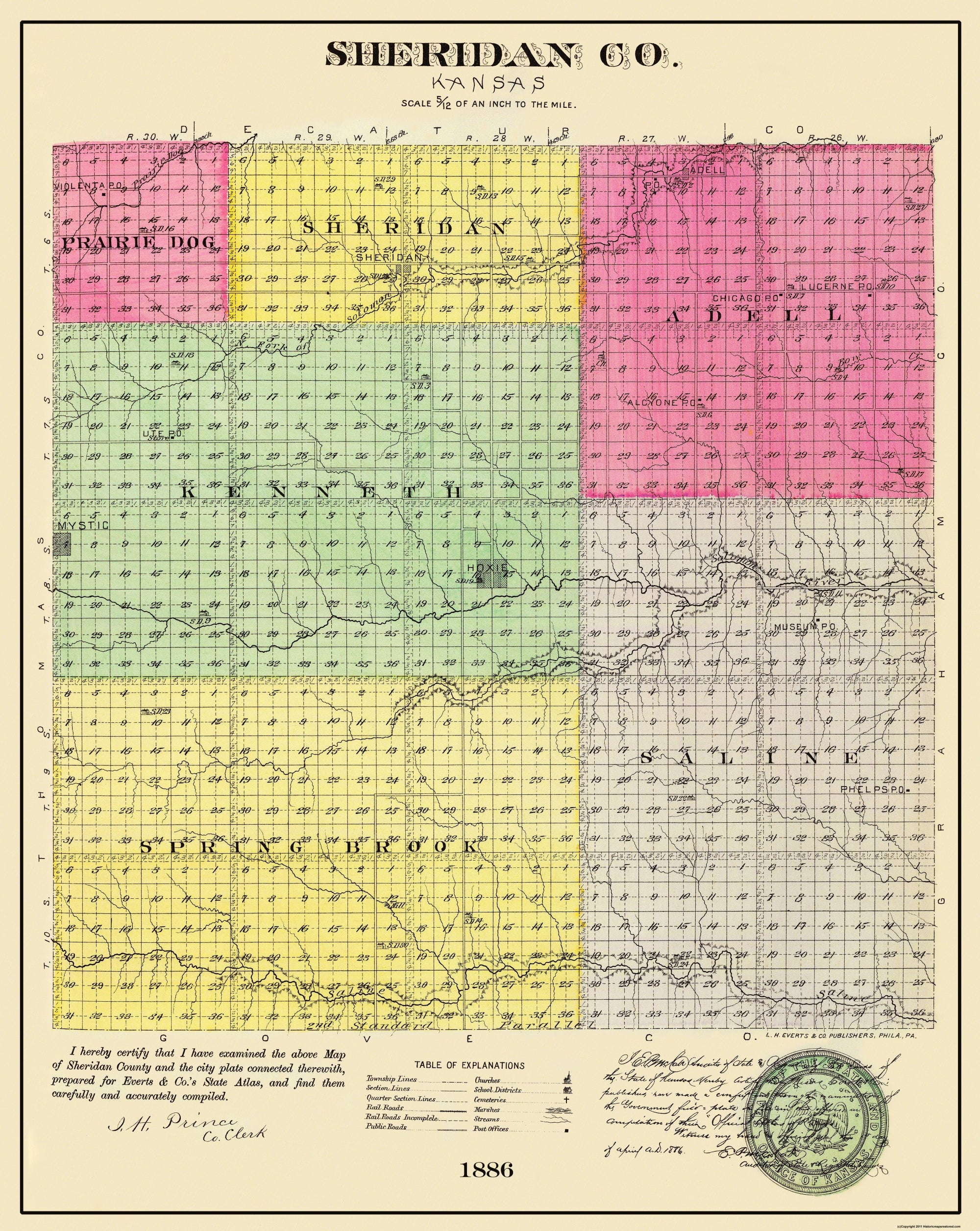 Historic County Map - Sheridan County Kansas - Everts 1886 - 23 X 28.8 