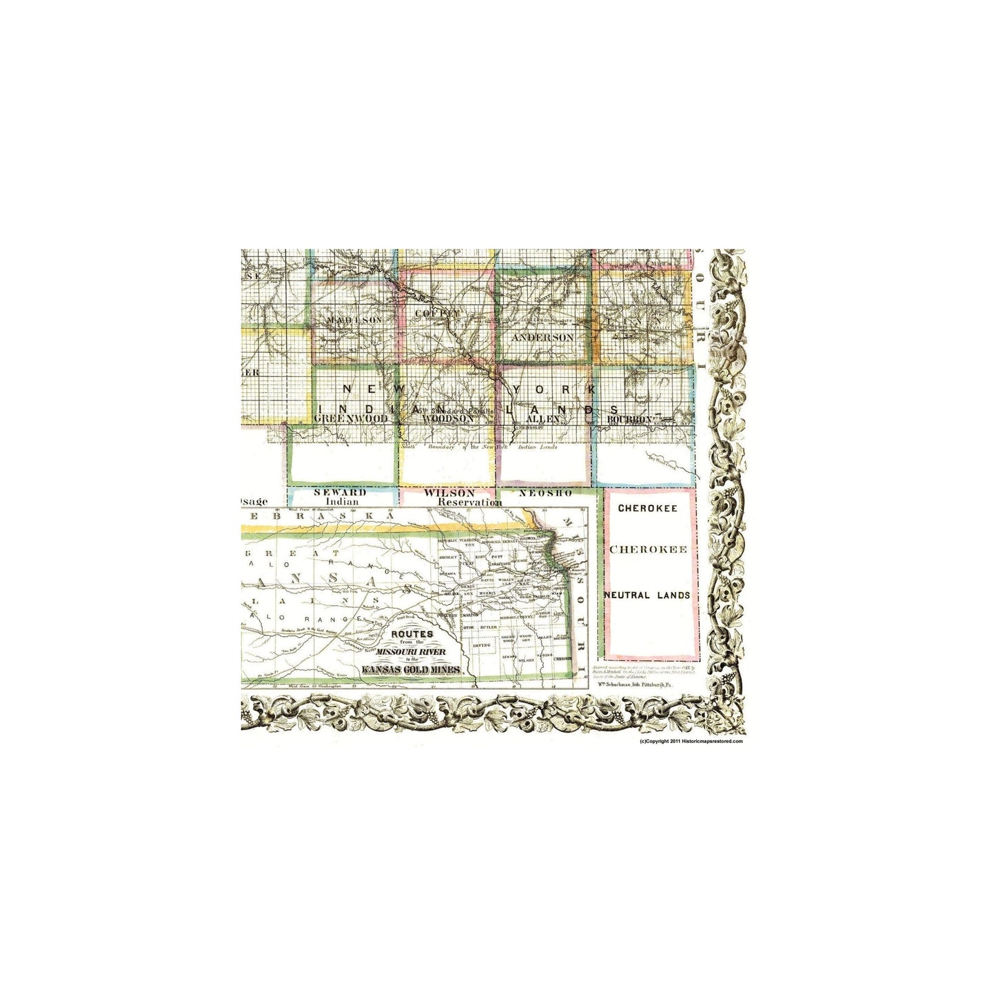 Historic Mine Map - Kansas Gold Mines - Gunn 1862 - Vintage Wall Art