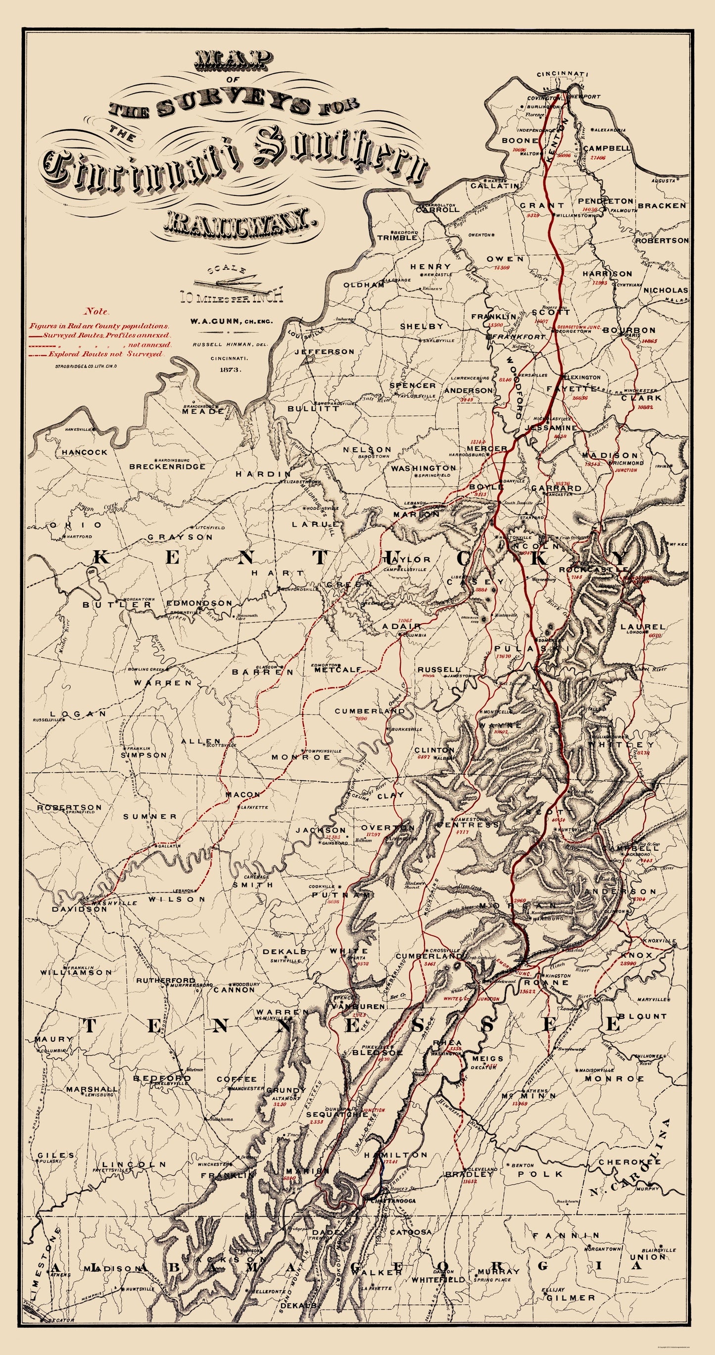 Railroad Map - Cincinnati Southern Railway - Strobridge 1873 - 23 x 43.57 - Vintage Wall Art