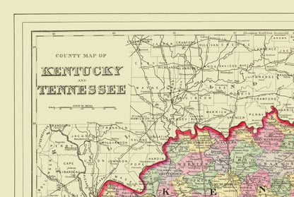 Historic State Map - Kentucky Tennessee Counties - Mitchell 1879 - 23 x 34.25 - Vintage Wall Art