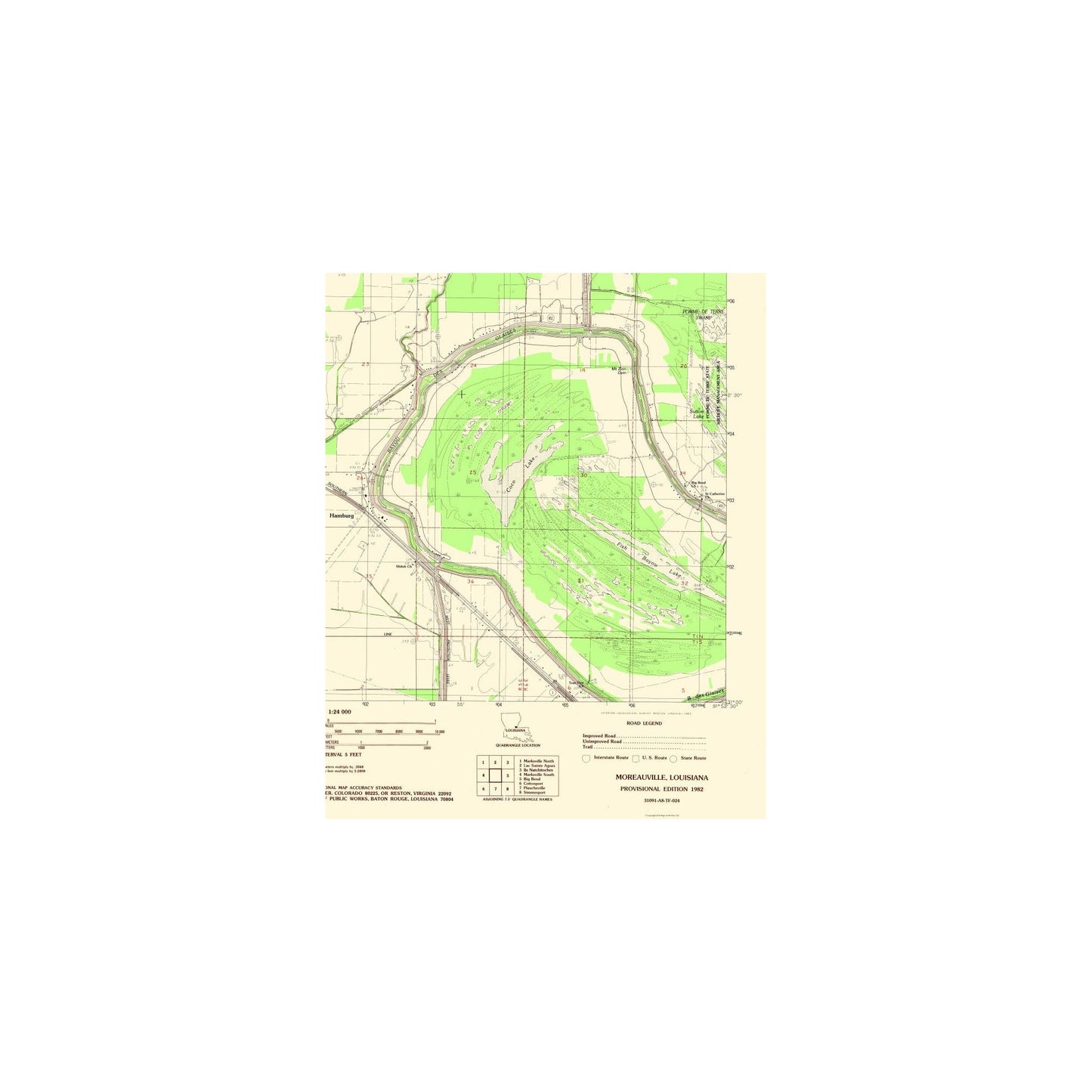 Topographical Map - Moreauville Louisiana Quad - USGS 1982 - 23 x 28.48 - Vintage Wall Art