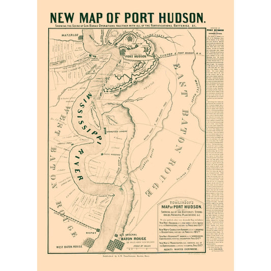 Historical Civil War Map - Port Hudson Louisiana - Tomlinson 1863 - 23 x 31.66 - Vintage Wall Art