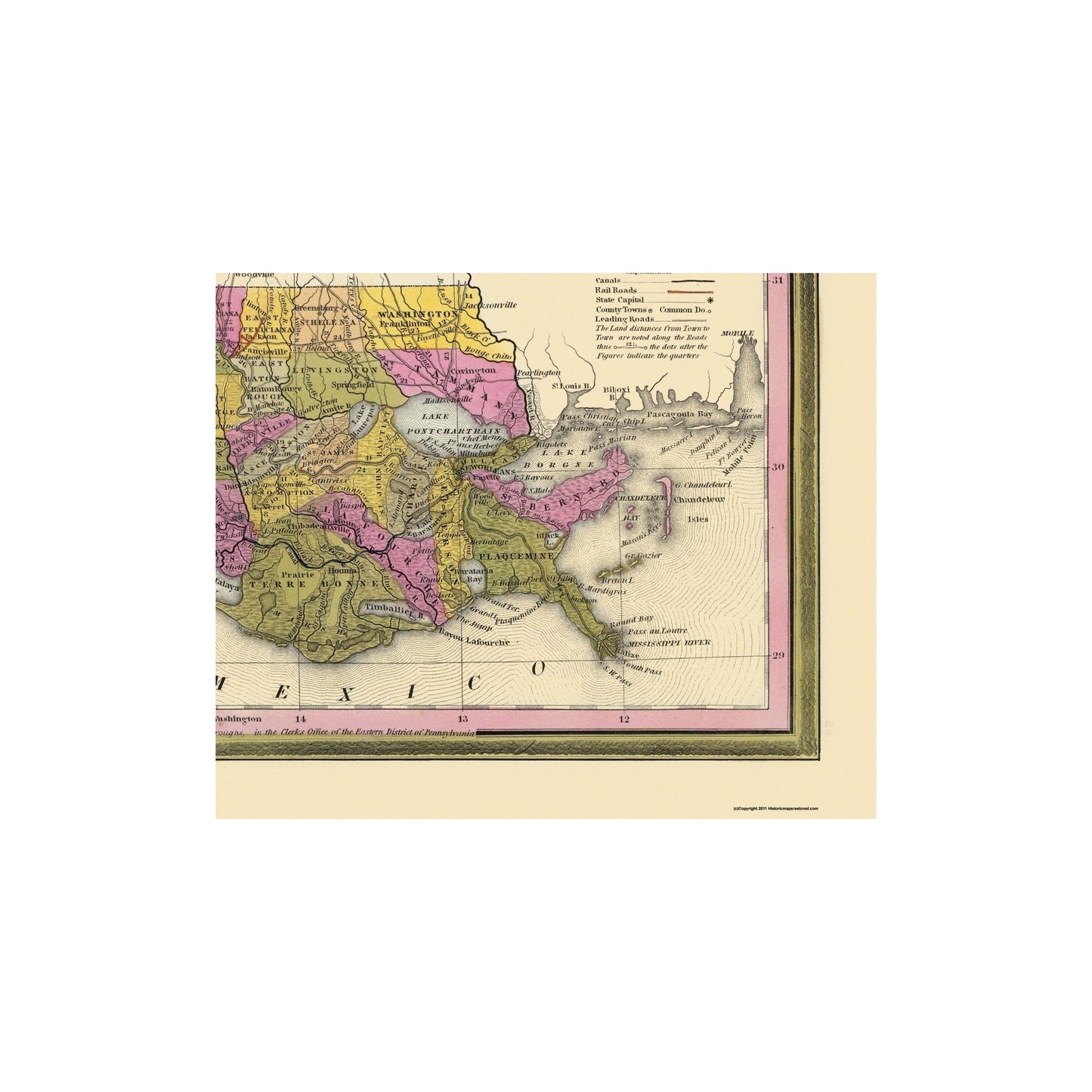 Historic State Map - Louisiana - Mitchell 1846 - 27.81 x 23 - Vintage Wall Art