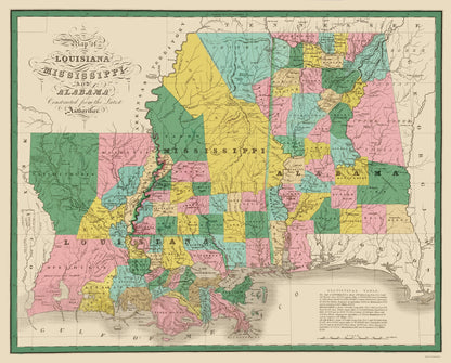 Historic State Map - Louisiana Mississippi Alabama - Finley 1827 - 23 x 28.54 - Vintage Wall Art
