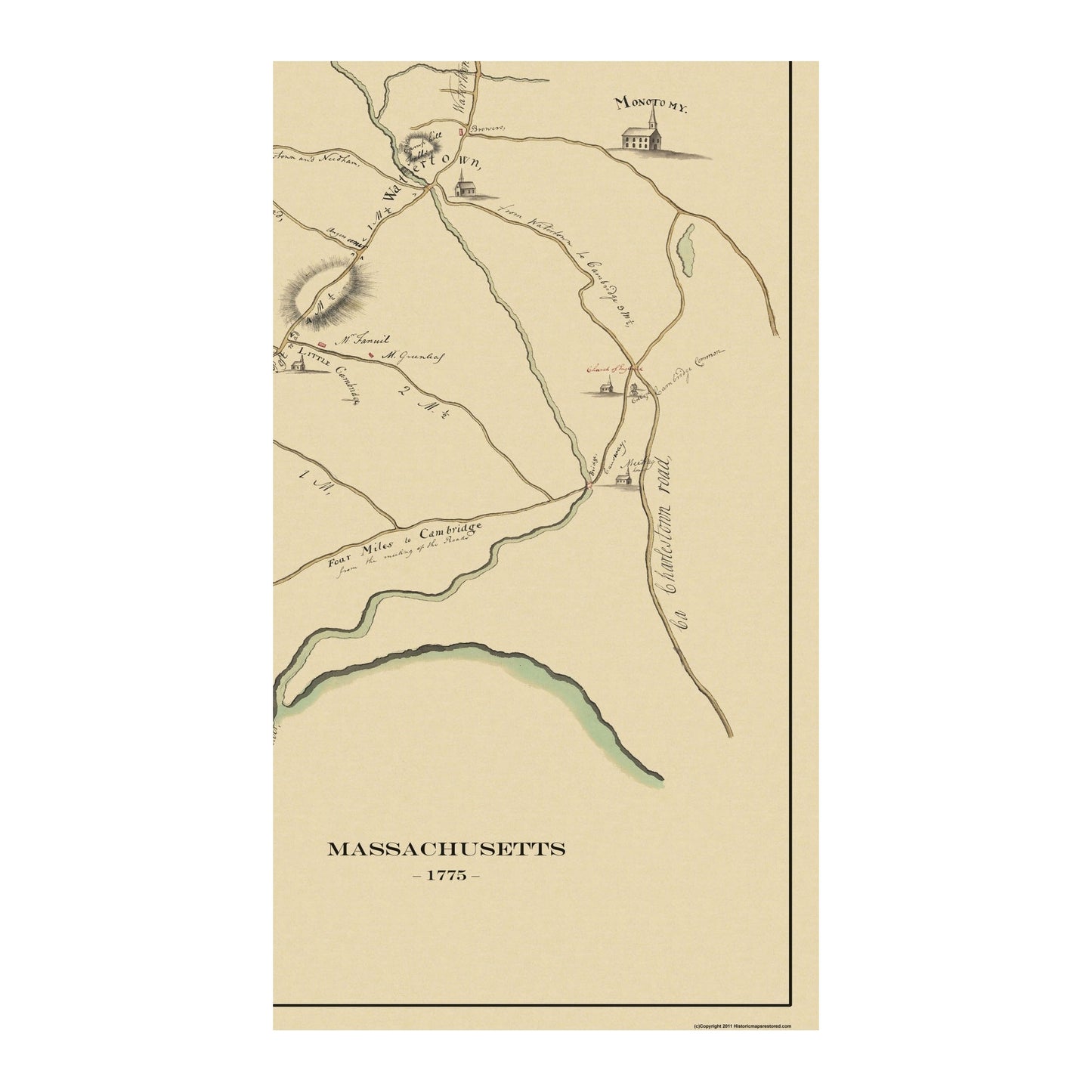 Historic Revolutionary War Map - Concord Massachusett Route - Browns 1775 - 23 x 25.31 - Vintage Wall Art