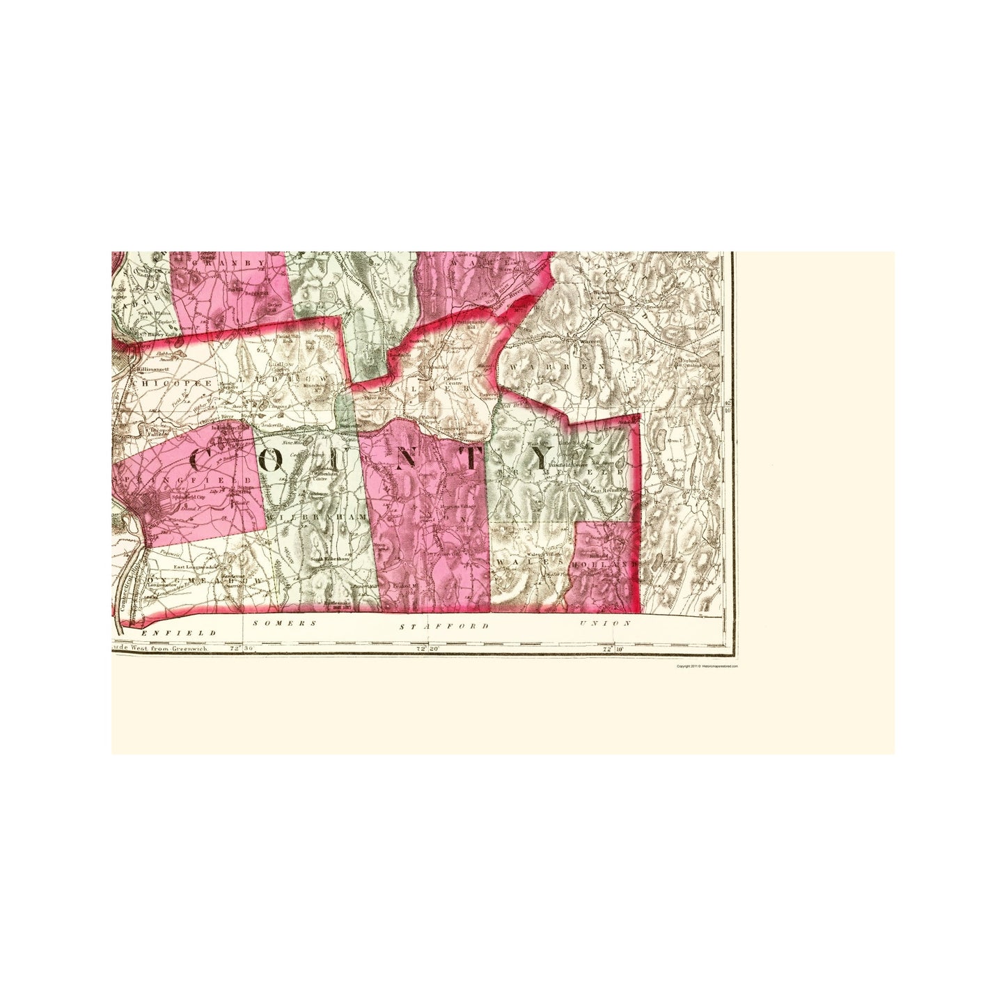 Historic County Map- Hampshire Hampden Massachusetts - Walling 1871 - Vintage Wall Art