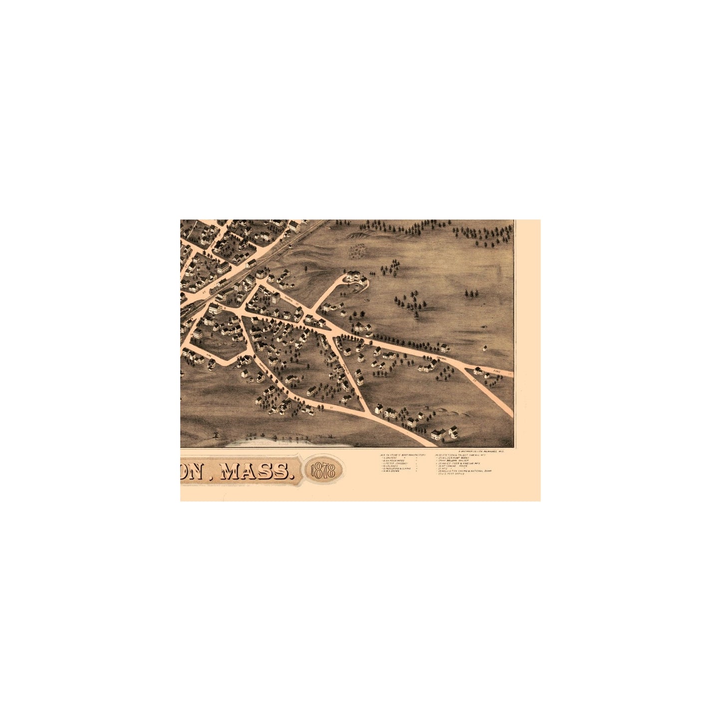 Historic Panoramic View - Holliston Massachusetts - Brenner 1878 - 29.40 x 23 - Vintage Wall Art