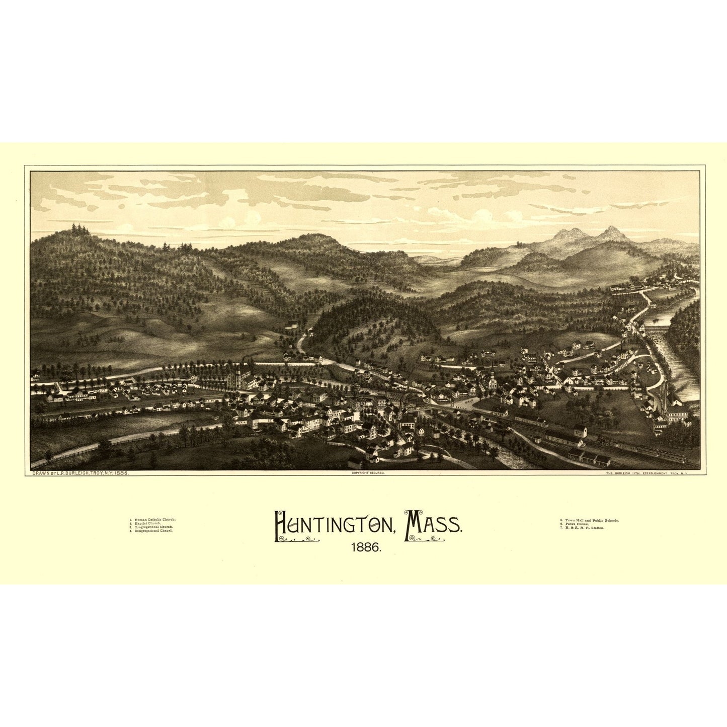Historic Panoramic View - Huntington Massachusetts - Burleigh 1886 - 37.84 x 23 - Vintage Wall Art