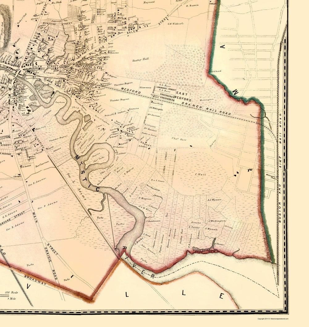 Historic City Map - Medford Massachusetts County - Walling 1855 - 23 x 24.39 - Vintage Wall Art
