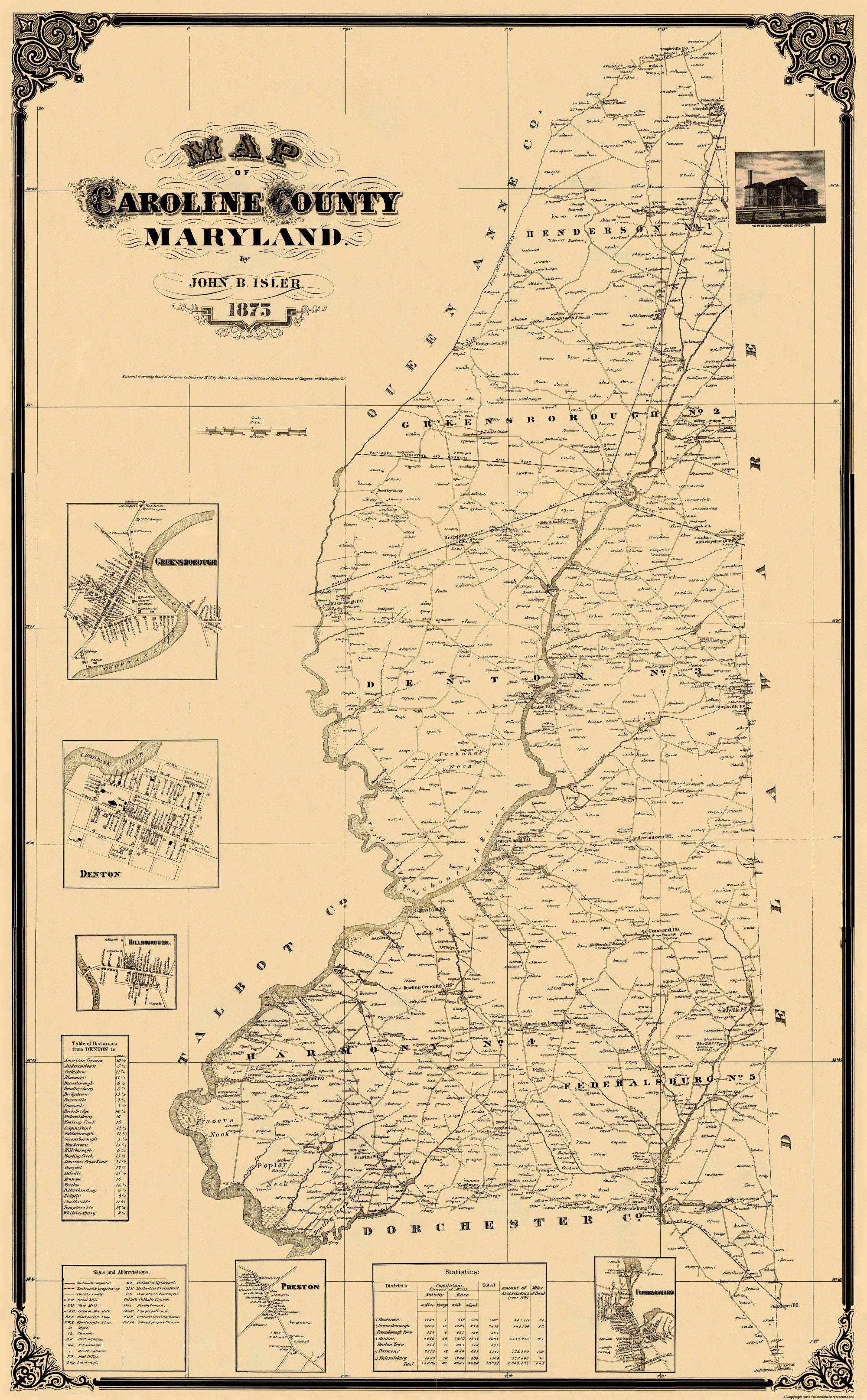 Historic County Map Caroline County Maryland Isler 1875 23 X 37