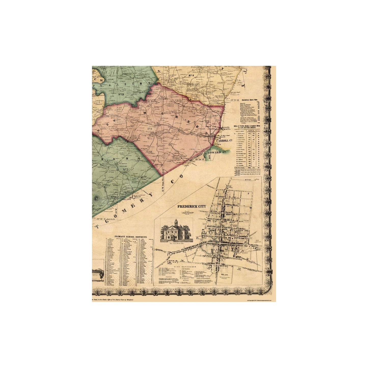Historic County Map - Frederick County Maryland - Martenet 1858 - 23 x 29.5 - Vintage Wall Art
