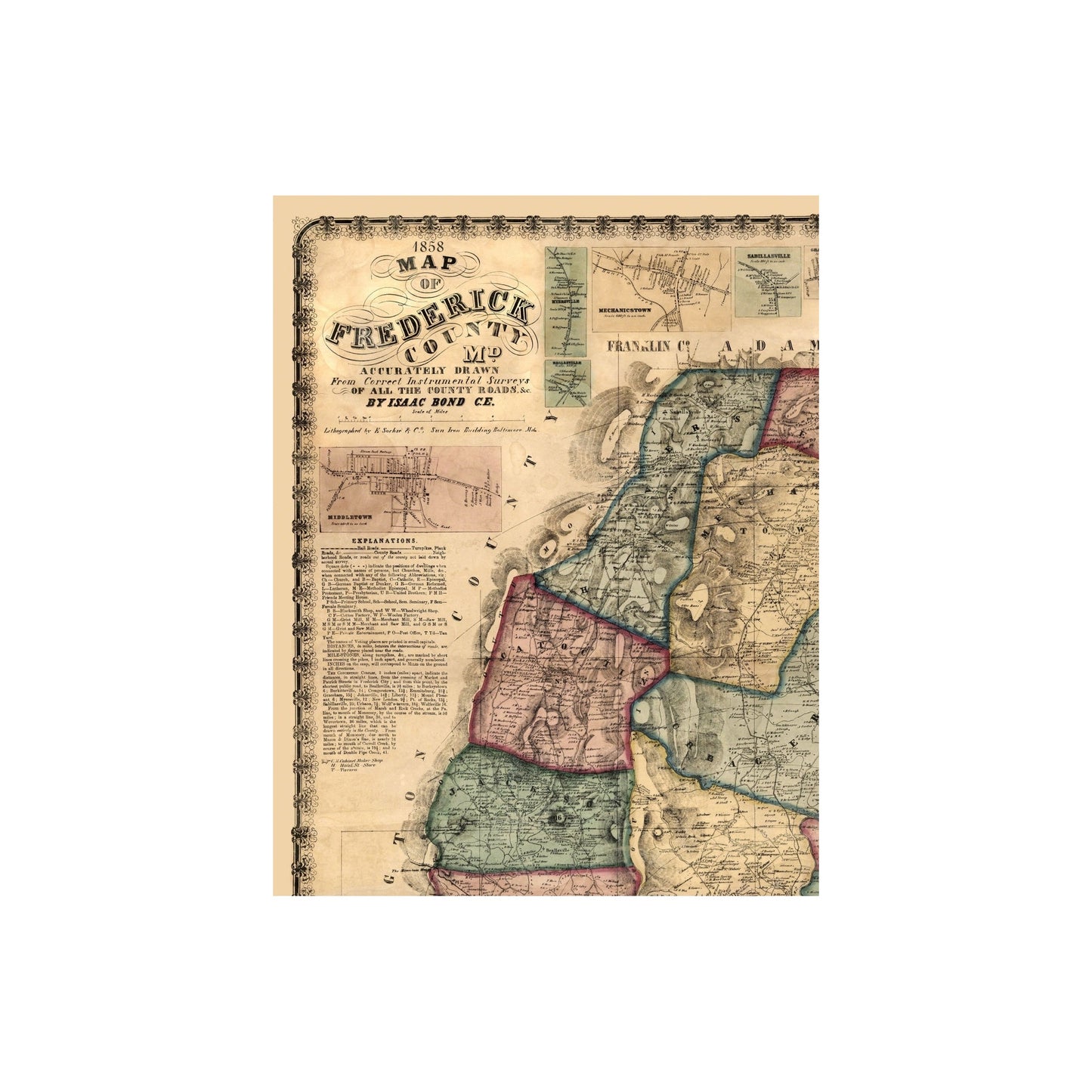 Historic County Map - Frederick County Maryland - Martenet 1858 - 23 x 29.5 - Vintage Wall Art