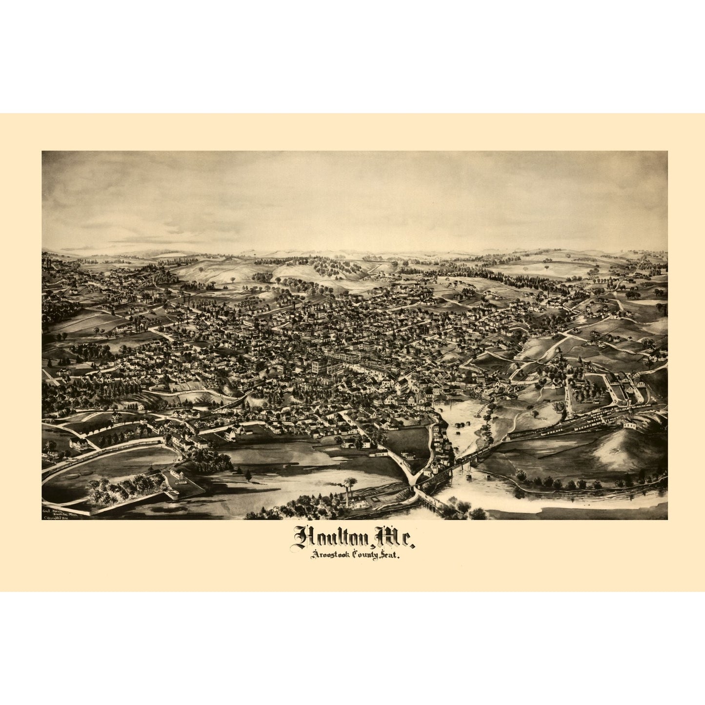 Historic Panoramic View - Houlton Maine - Norris 1894 - 33.86 x 23 - Vintage Wall Art