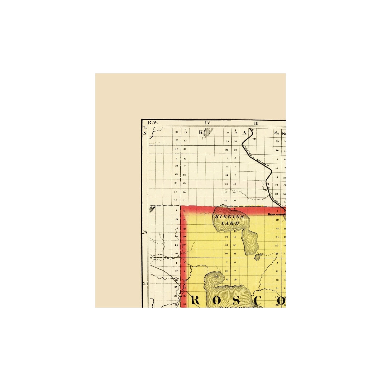 Historic County Map - Roscommon County Michigan - Walling 1873 - 23 x 28.30 - Vintage Wall Art