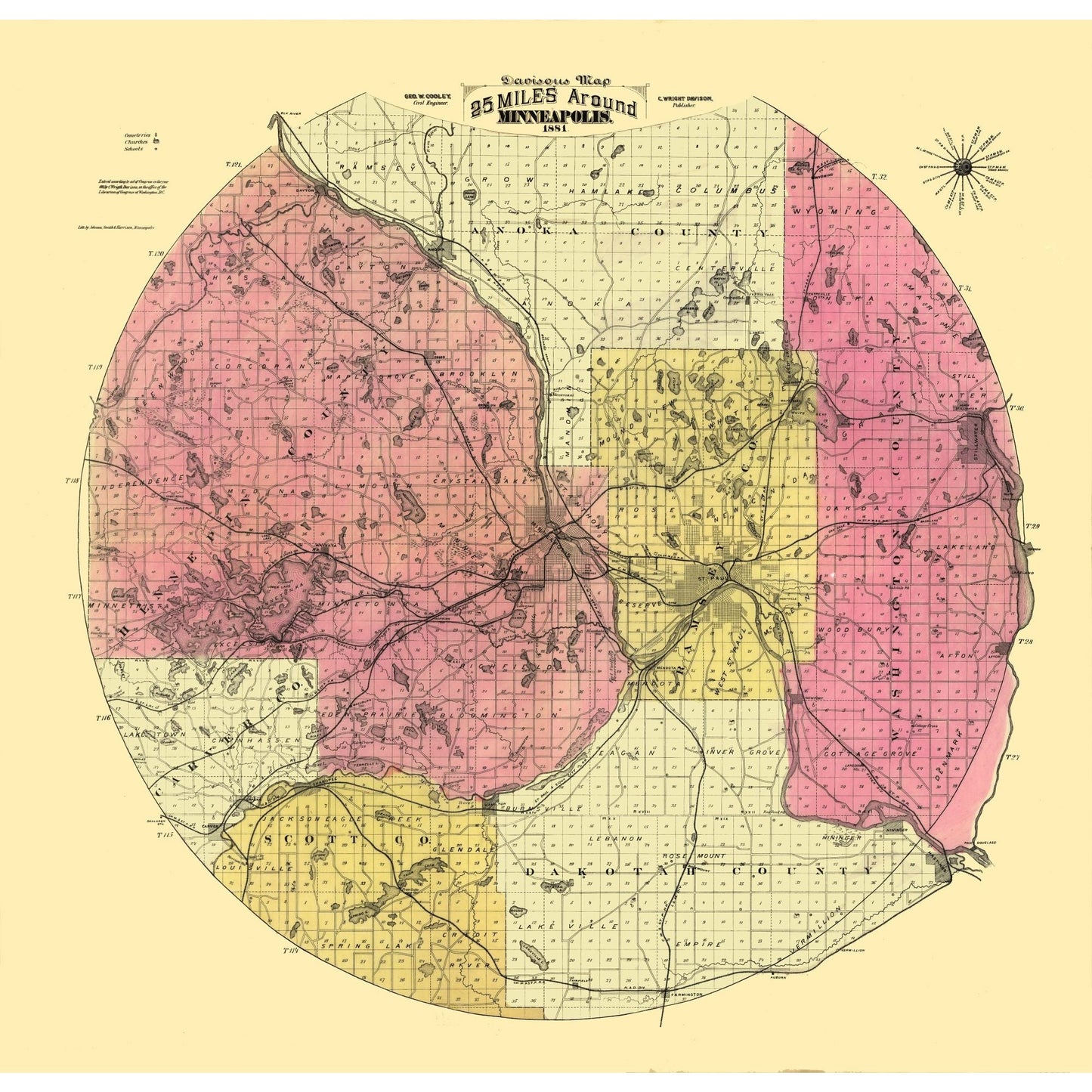 Historic City Map - Minneapolis Minnesota - Cooley 1881 - 23.85 x 23 - Vintage Wall Art