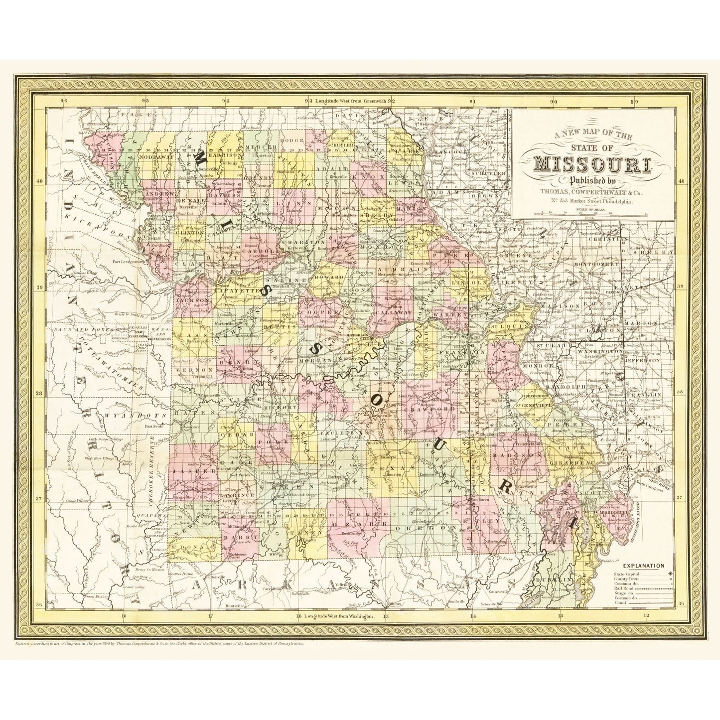 Historic State Map - Missouri - Cowperthwait 1850 - 27.60 x 23 - Vintage Wall Art
