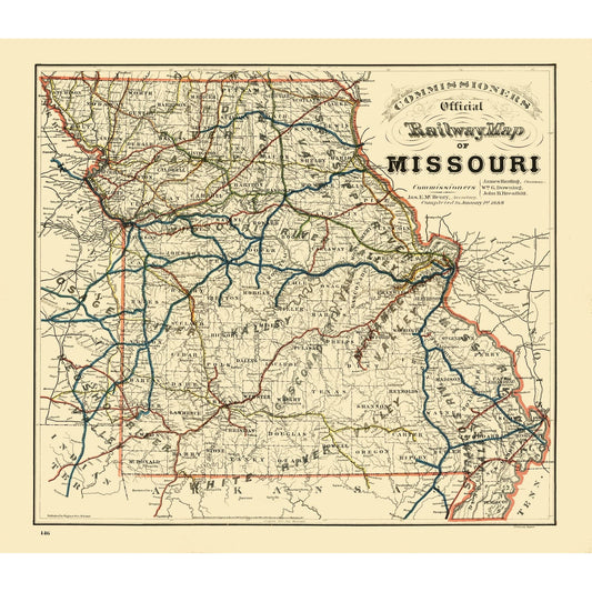Railroad Map - Missouri Railroad - Higgins 1888 - 26.45 x 23 - Vintage Wall Art
