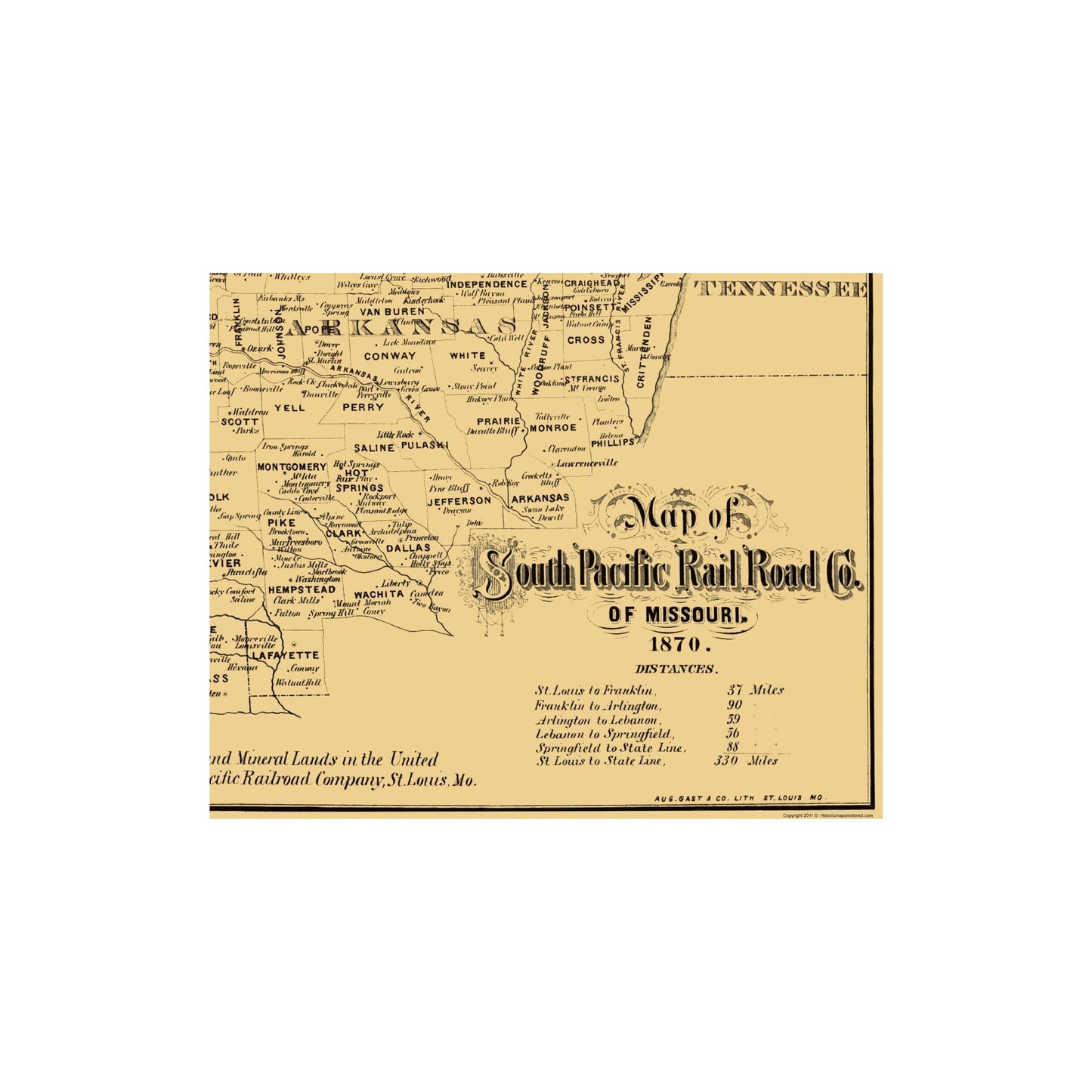 Railroad Map - Missouri Southern Pacific Railroad Co - Gast 1870 - Vintage Wall Art