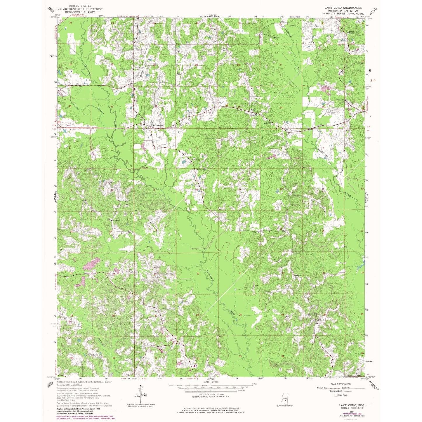 Topographical Map - Lake Como Mississippi Quad - USGS 1964 - 23 x 28.60 - Vintage Wall Art
