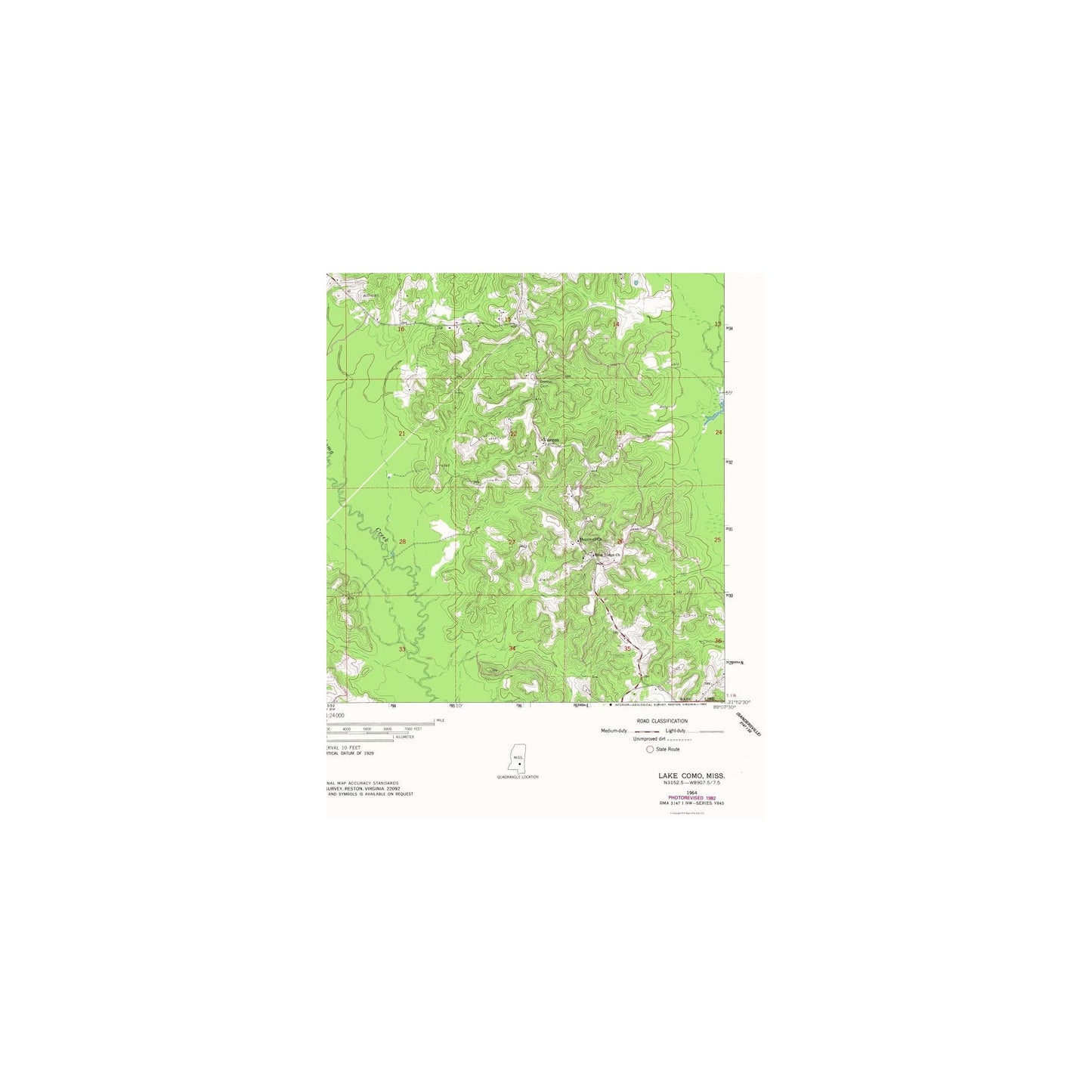 Topographical Map - Lake Como Mississippi Quad - USGS 1964 - 23 x 28.60 - Vintage Wall Art