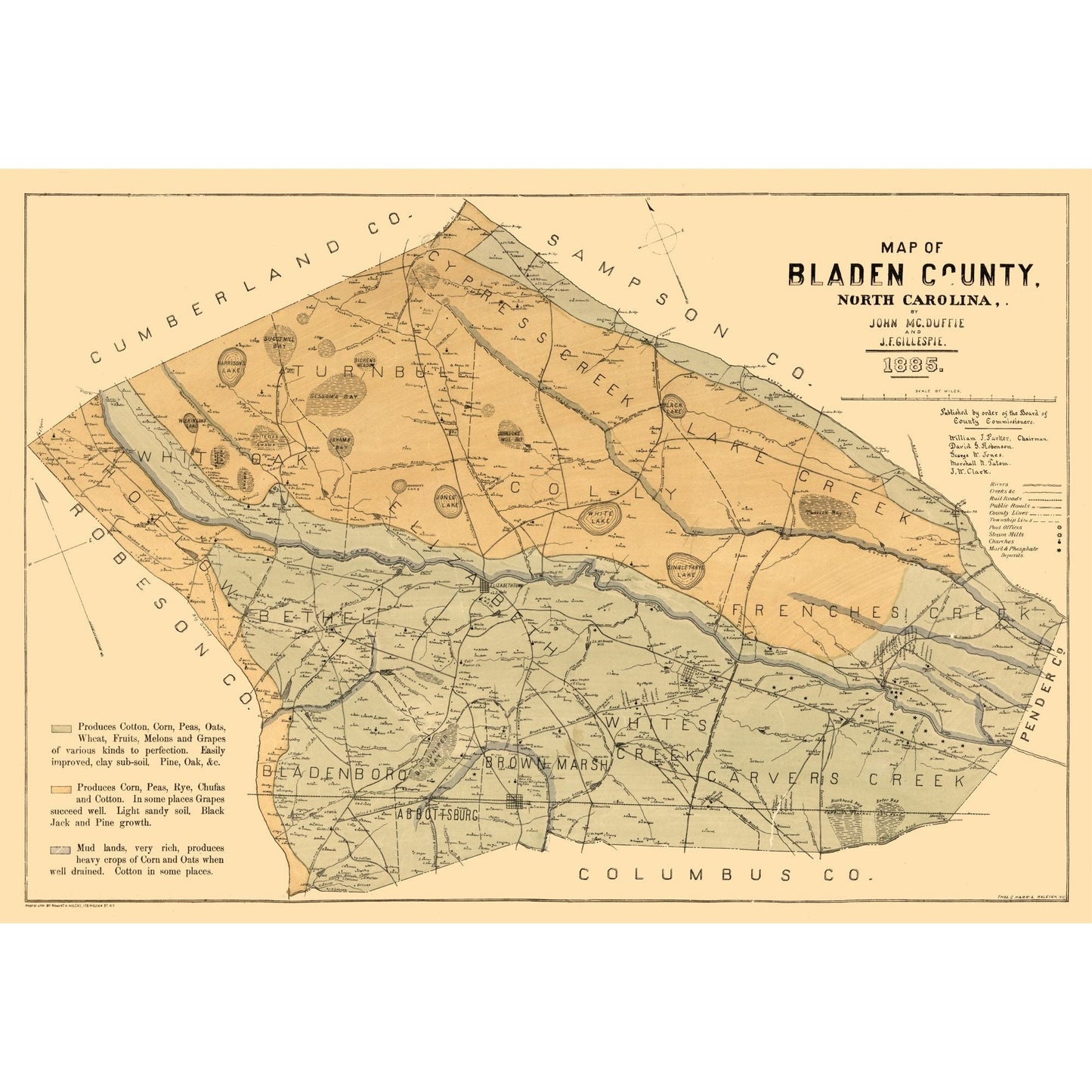 Historic County Map - Bladen County North Carolina - Mc Duffie 1885 - 33.29 x 23 - Vintage Wall Art