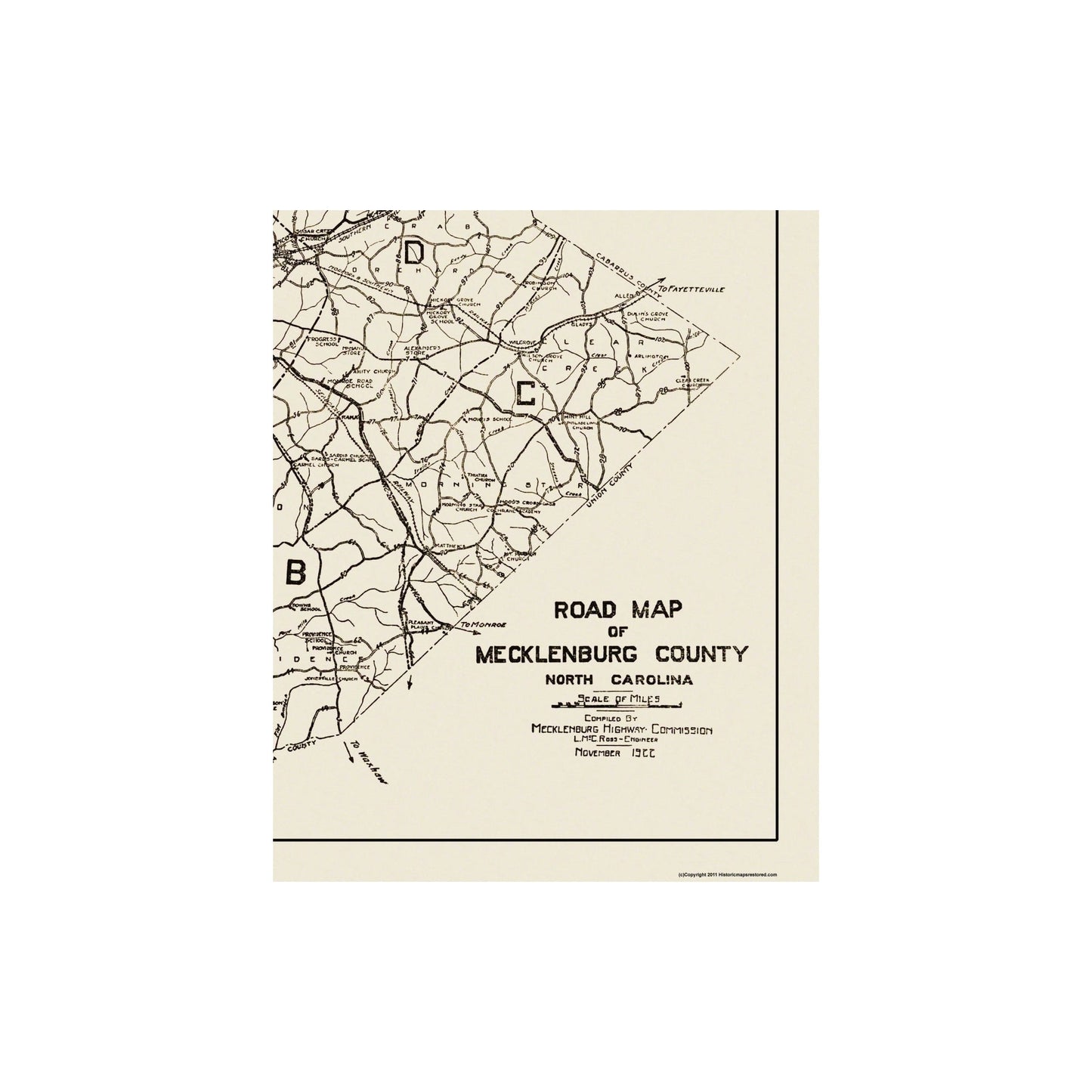 Historic County Map - Mecklenburg County North Carolina - Ross 1922 - Vintage Wall Art