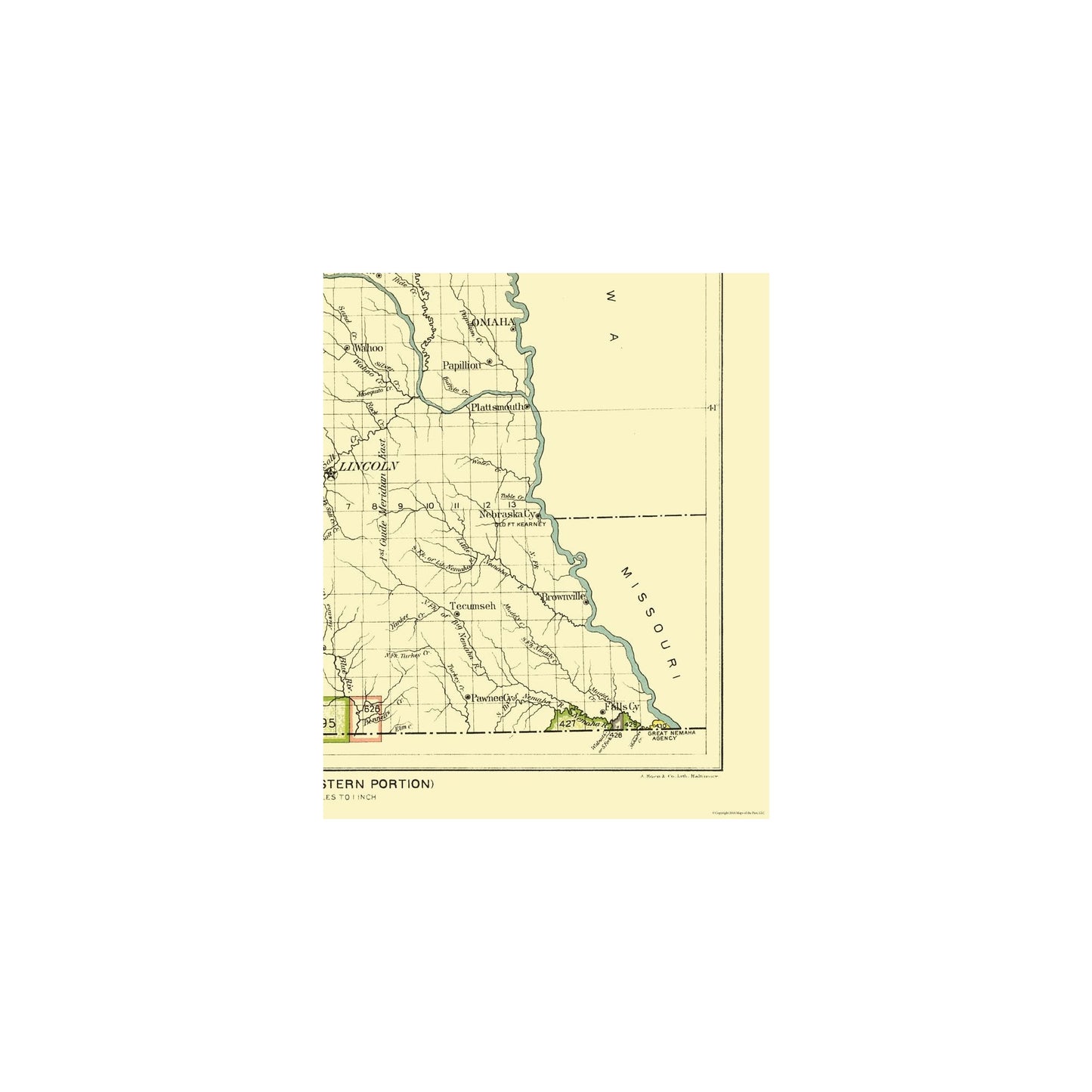 Historic State Map - Nebraska Eastern - Hoen 1896 - Vintage Wall Art