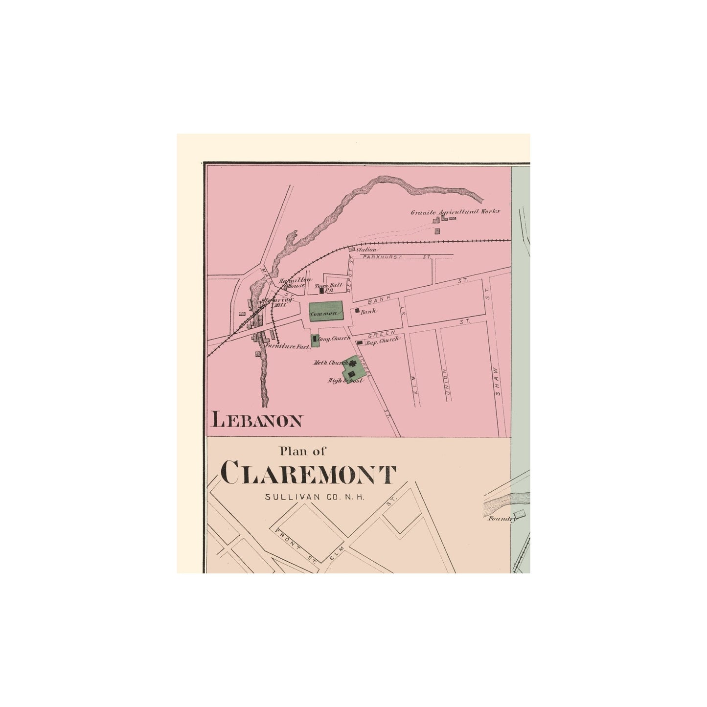 Historic City Map - Claremont New Hampshire - Hitchcock 1877 - 23 x 28.63 - Vintage Wall Art