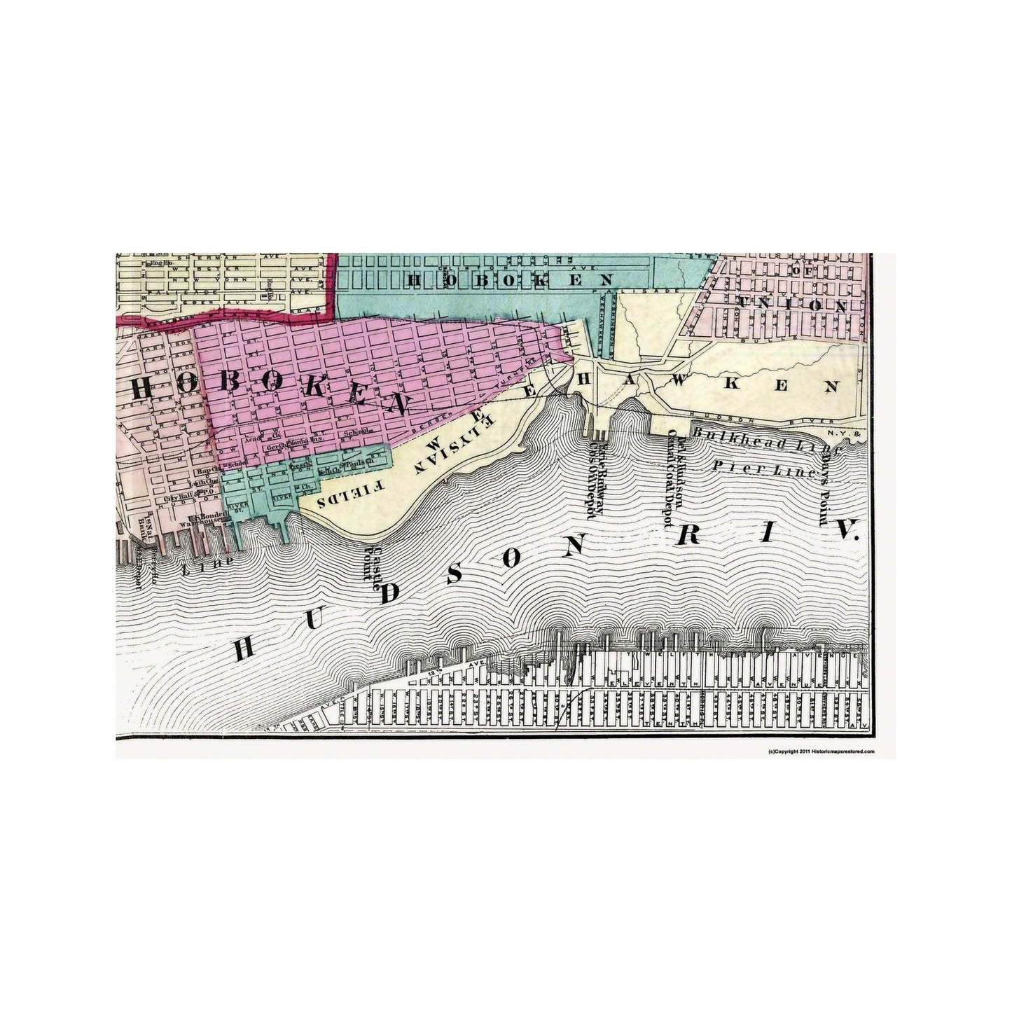 Historic City Map - Hoboken Jersey City New Jersey - Beers 1872 - 35.5 x 23 - Vintage Wall Art