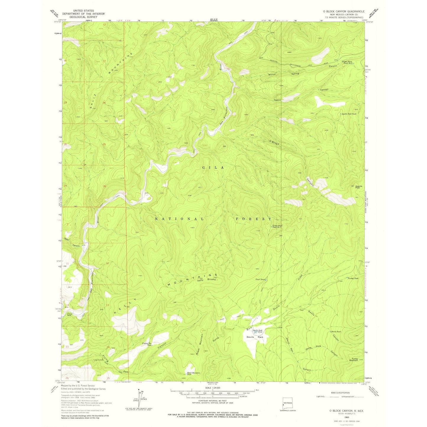 Topographical Map - O Block Canyon New Mexico Quad - USGS 1963 - 23 x 28.48 - Vintage Wall Art