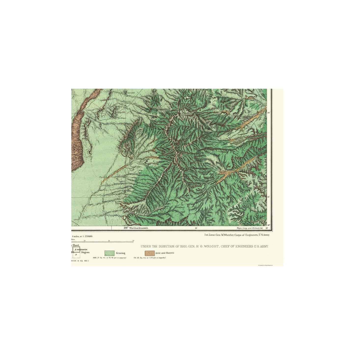 Topographical Map - South New Mexico Land Classification Sheet - US Army 1877 - Vintage Wall Art