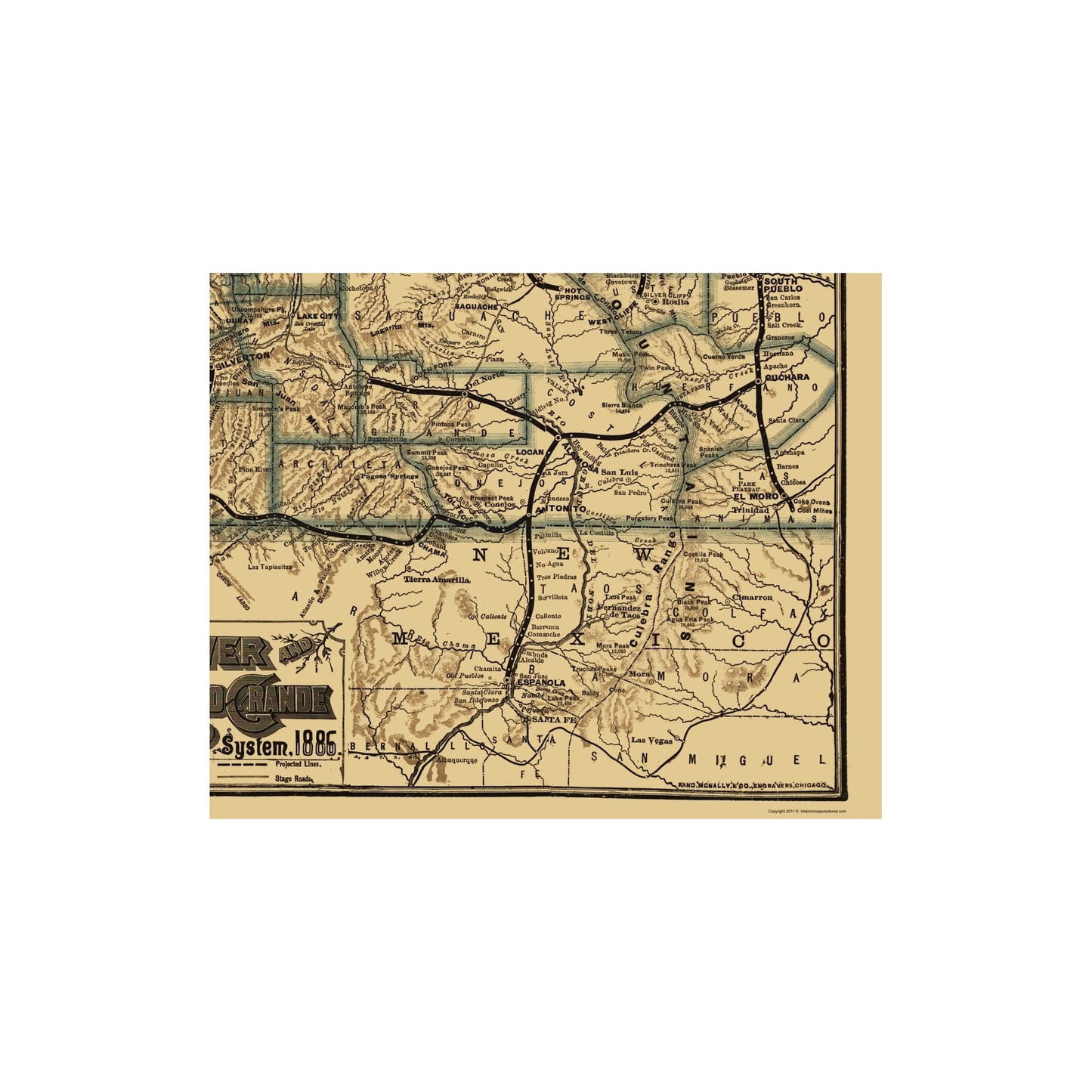 Railroad Map - Denver and Rio Grande Railway - Rand McNally 1886 - Vintage Wall Art