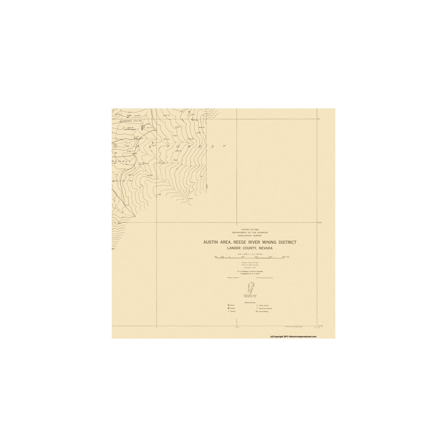 Historic Mine Map - Nevada Austin Reese River Mining District - Hodgeson 1937 - Vintage Wall Art