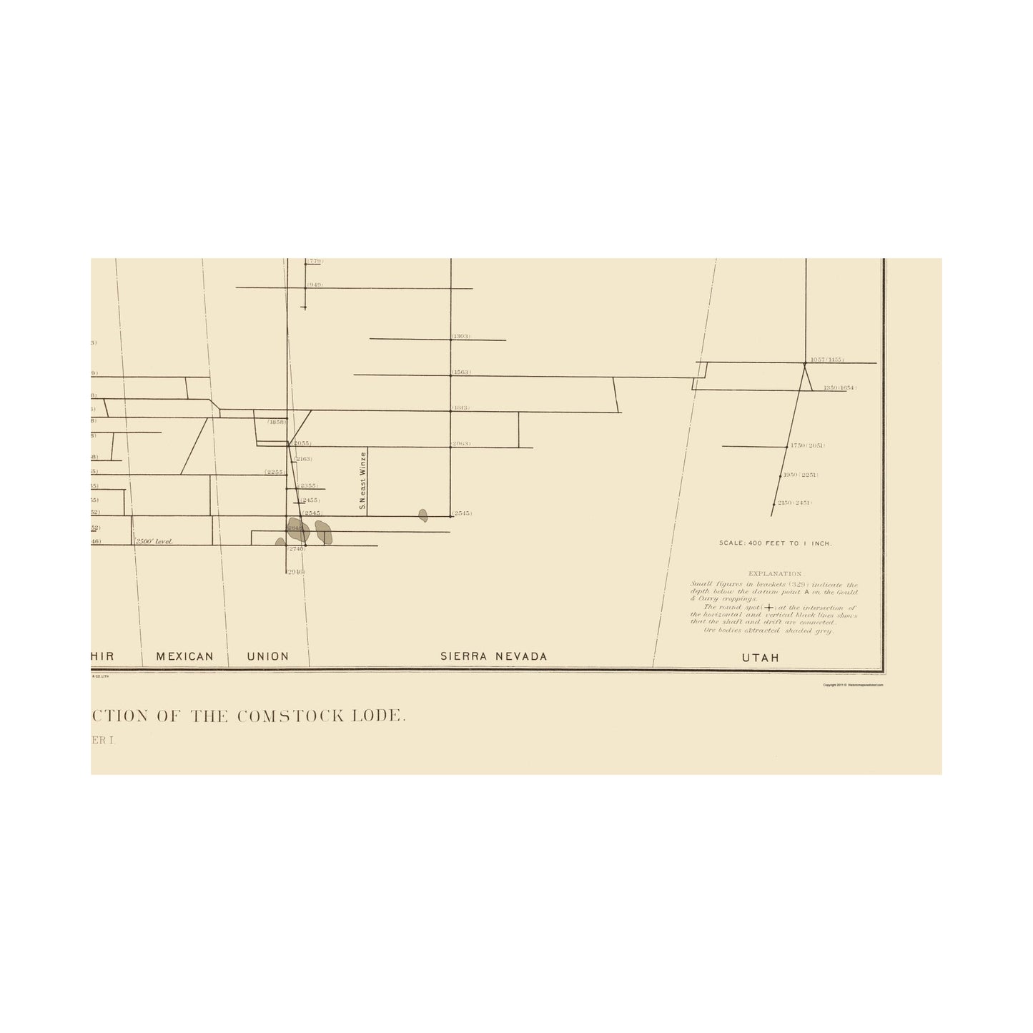 Historic Mine Map - Nevada Comstock Lode Vertical Projection 1 - Becker 1882 - Vintage Wall Art