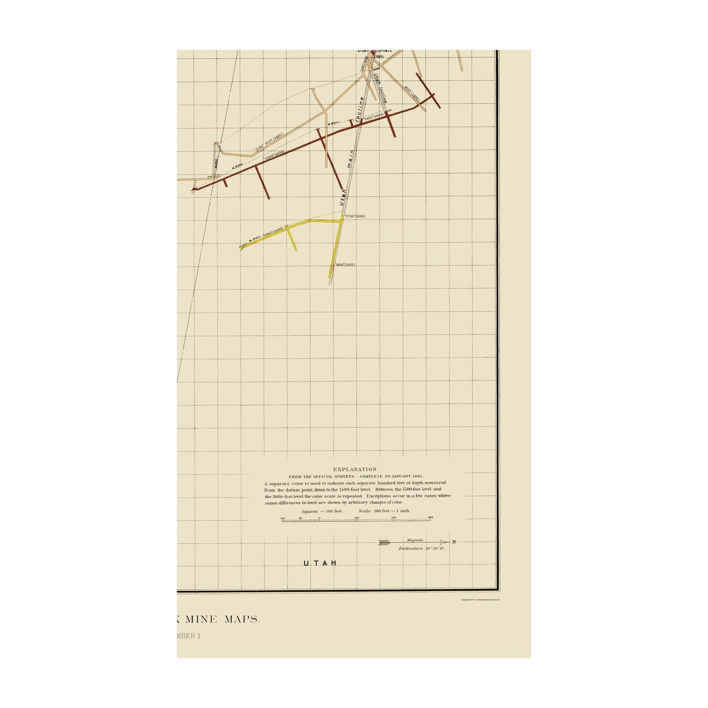 Historic Mine Map - Nevada Comstock Mine Number One - Becker 1882 - Vintage Wall Art