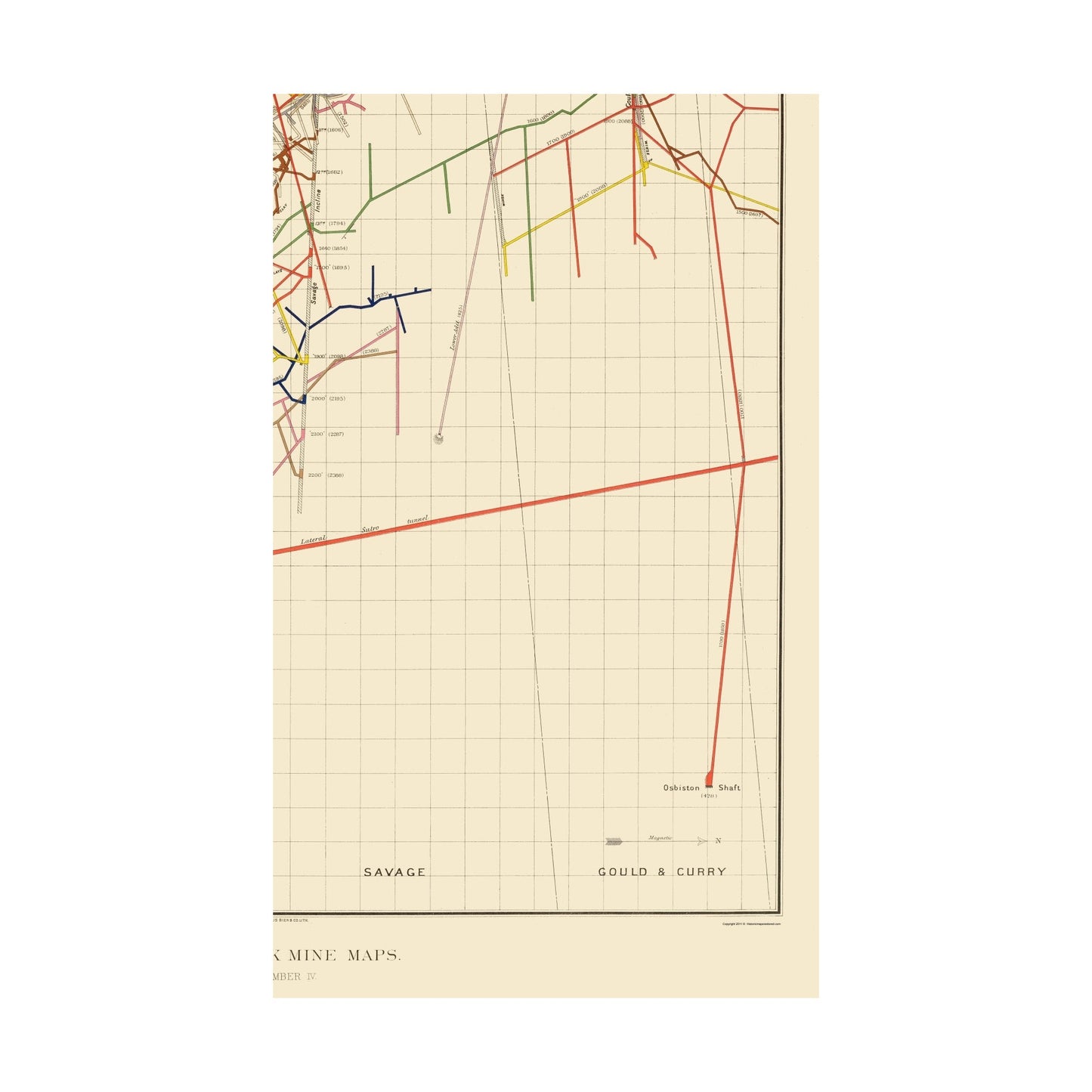 Historic Mine Map - Nevada Comstock Mine Number Four - Becker 1882 - Vintage Wall Art