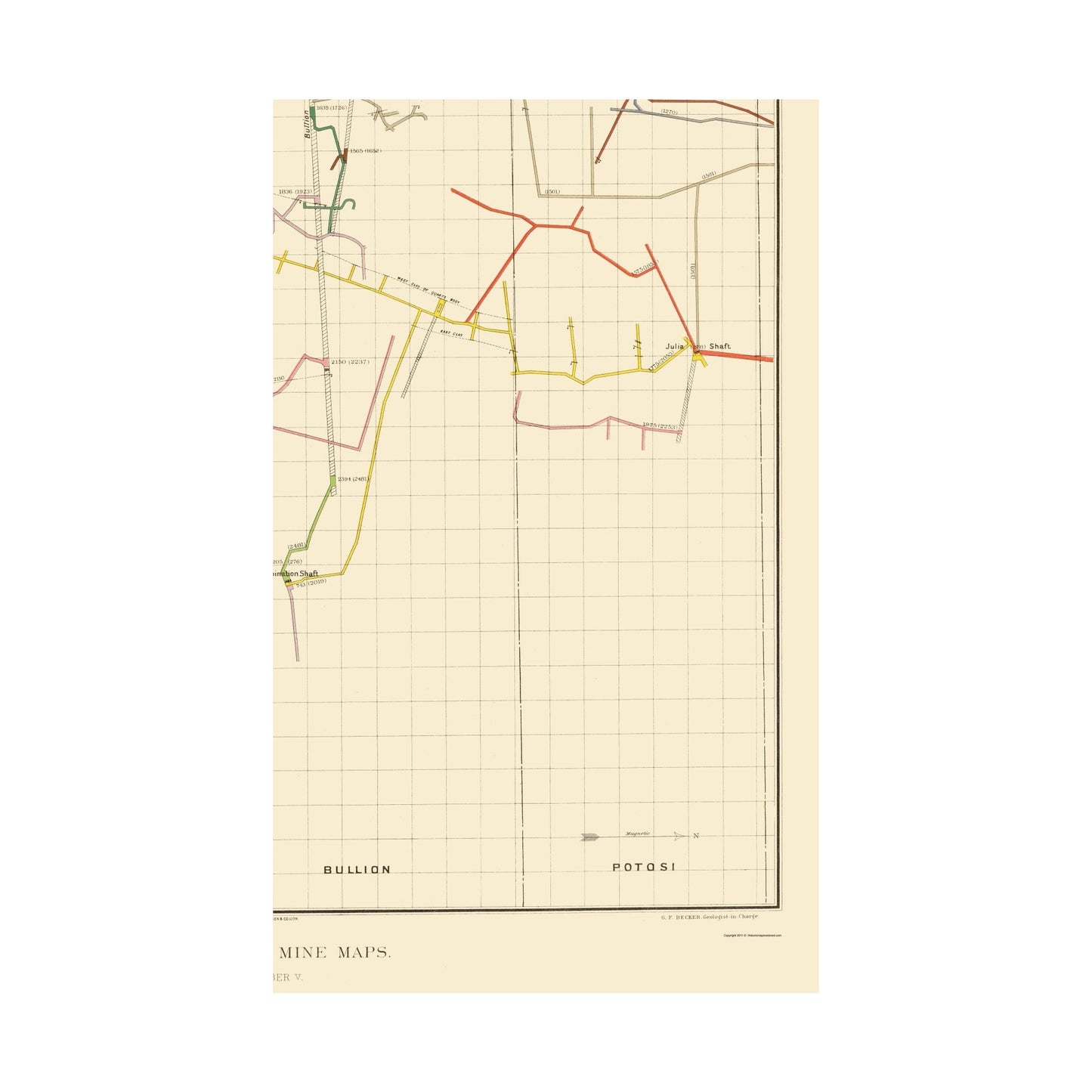 Historic Mine Map - Nevada Comstock Mine Number Five - Becker 1882 - Vintage Wall Art