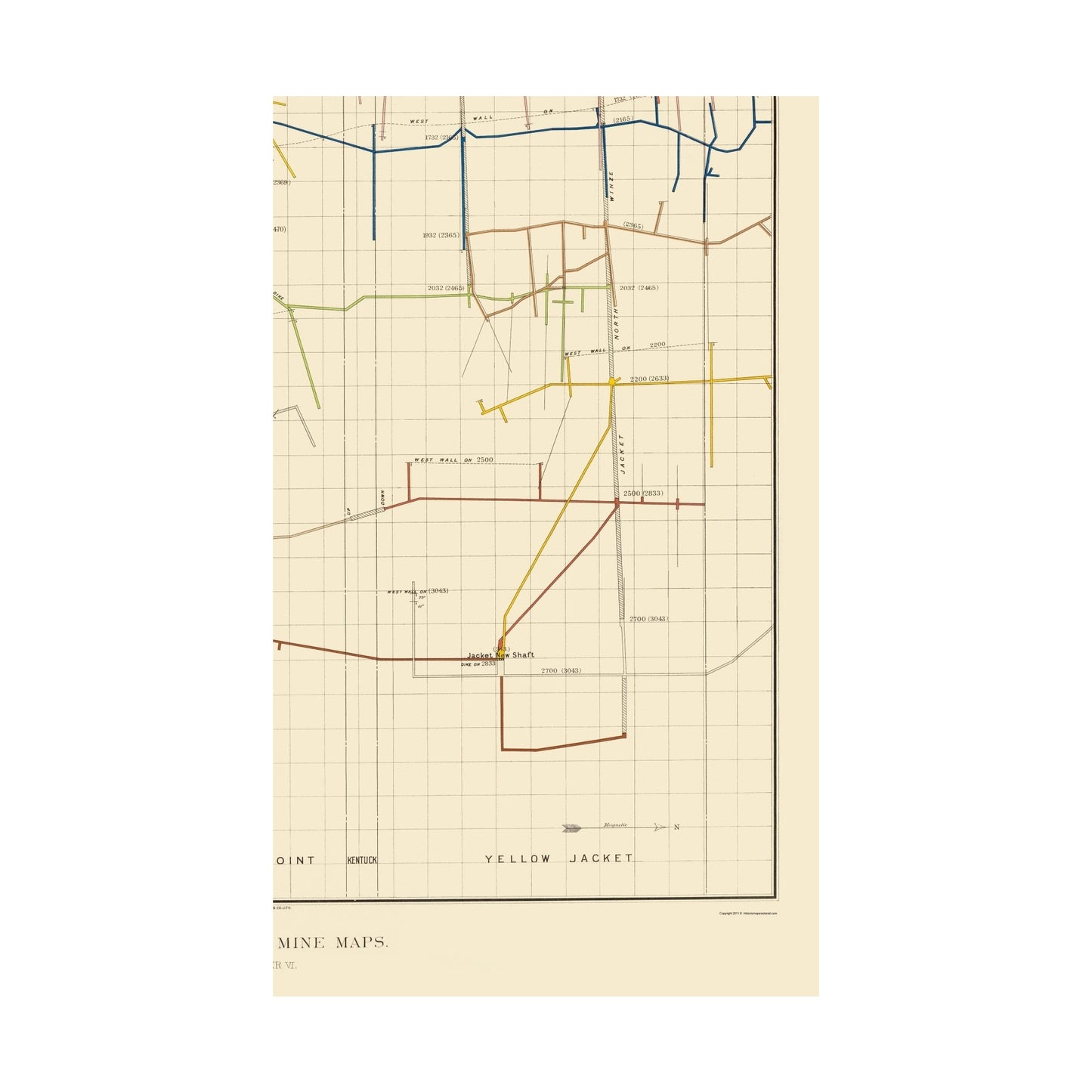 Historic Mine Map - Nevada Comstock Mine Number Six - Becker 1882 - Vintage Wall Art