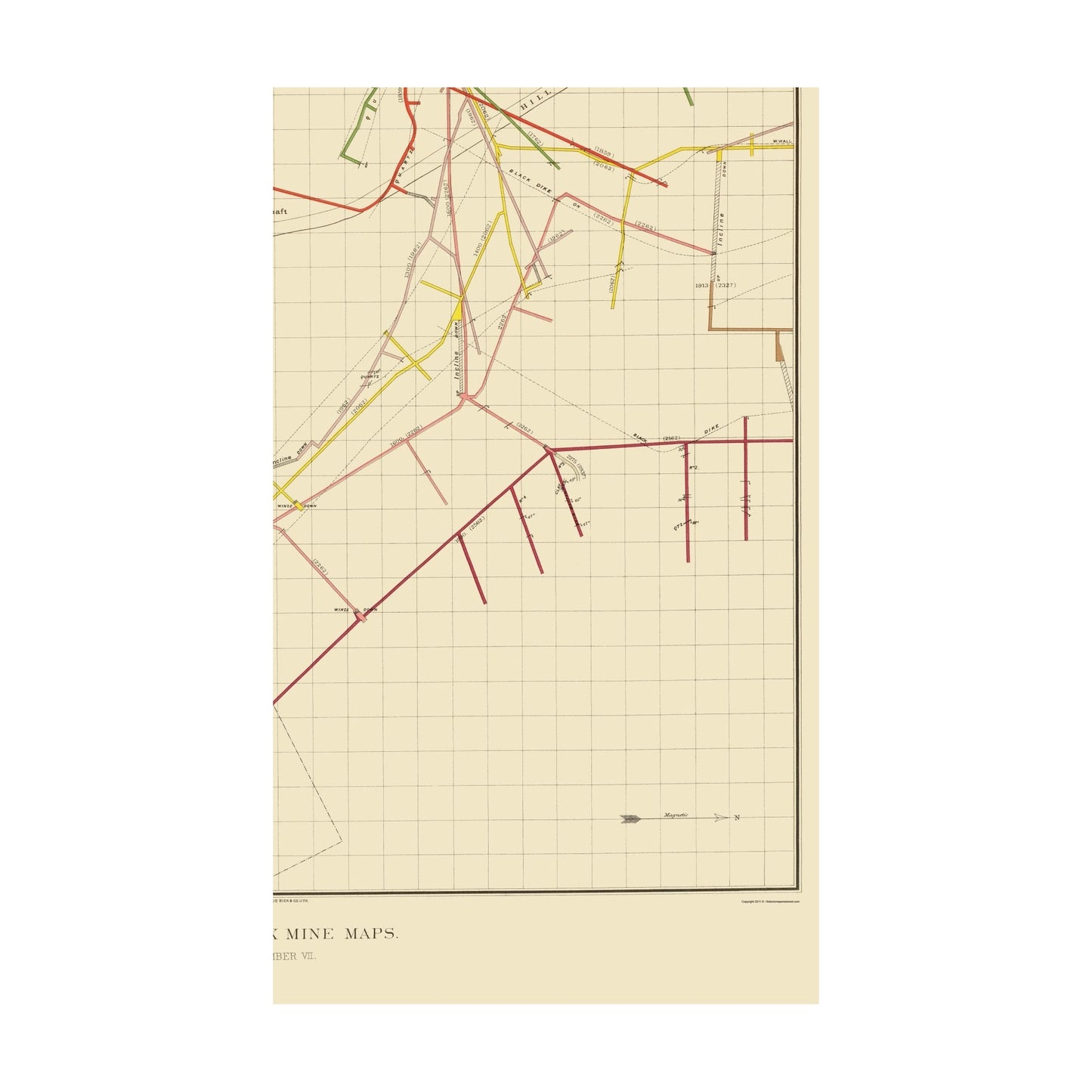 Historic Mine Map - Nevada Comstock Mine Number Seven - Becker 1882 - Vintage Wall Art