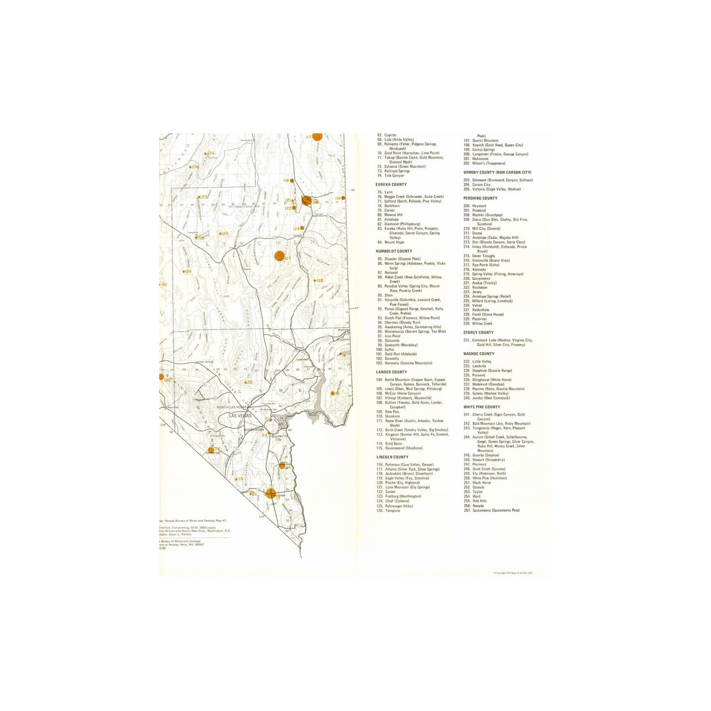 Historic Mine Map - Nevada Gold Producing District Mines - Bonham 1976 - 23 x 26.04 - Vintage Wall Art