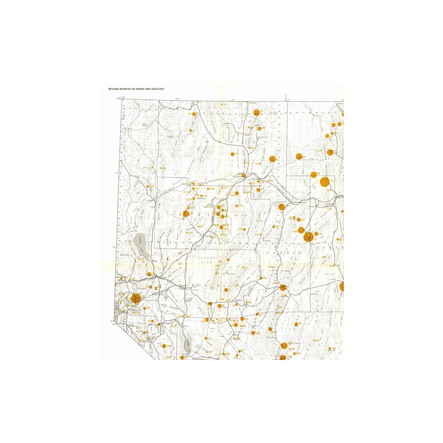Historic Mine Map - Nevada Gold Producing District Mines - Bonham 1976 - 23 x 26.04 - Vintage Wall Art