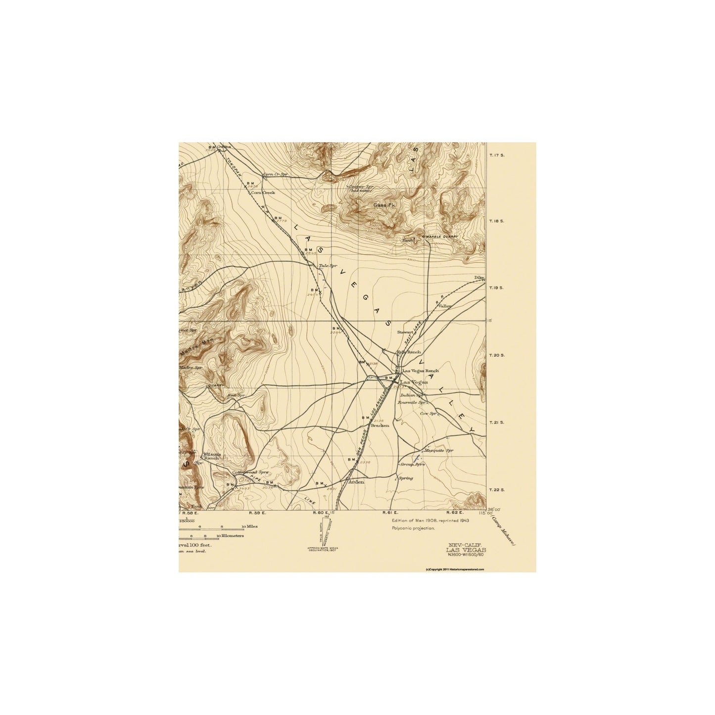 Topographical Map - Las Vegas Nevada Quad - USGS 1908 - Vintage Wall Art