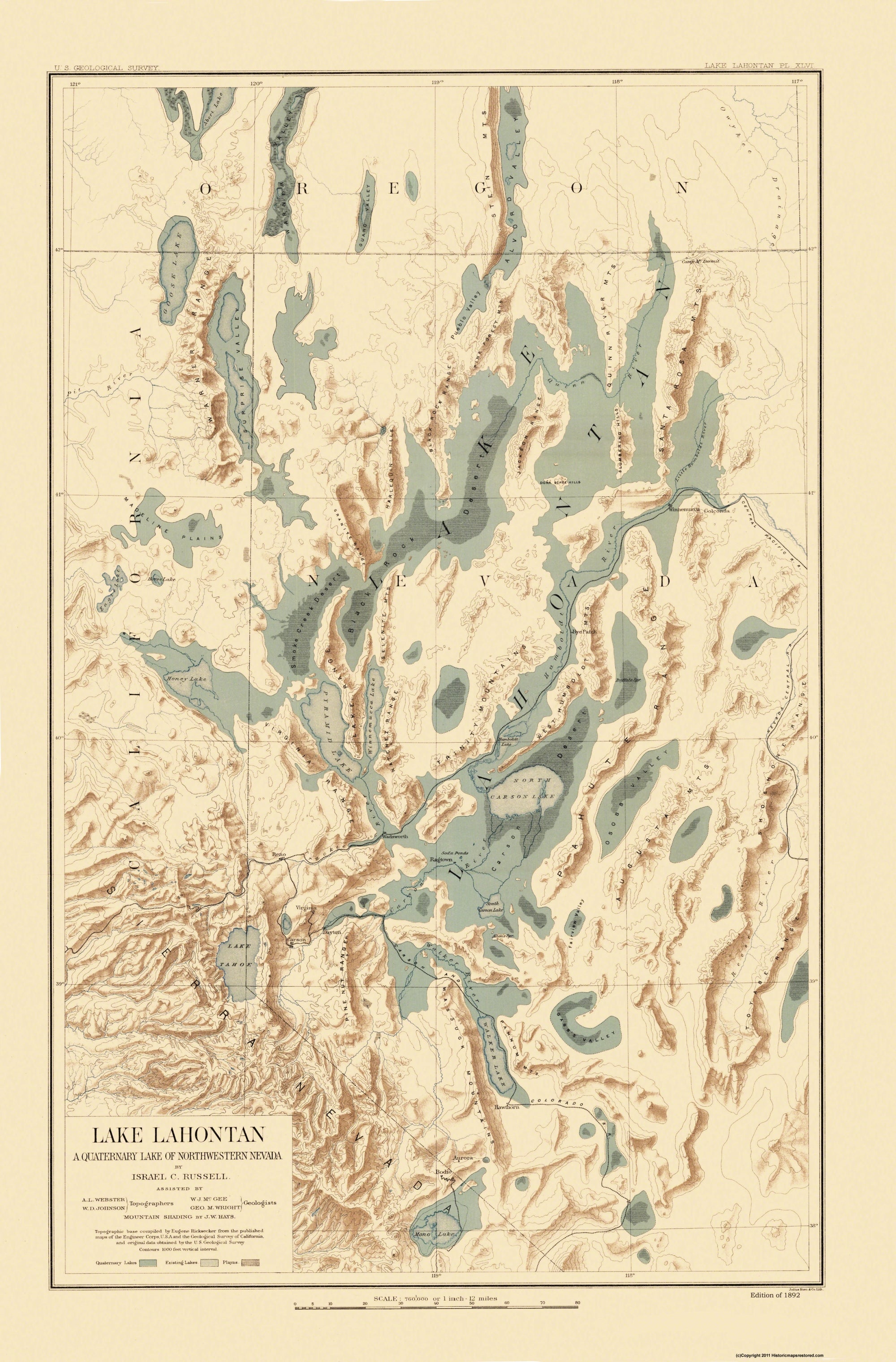 Topographical Map - Lake Lahontan Nevada California - Bien 1892 - 23 X 